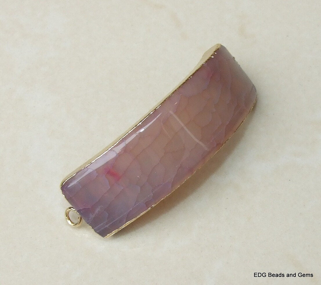 Purple Pink Agate Curved Connector, Gold Plated, Gemstone Pendant, Link, Jewelry Stone, Stone Connector, Jewelry Pendant, 17mm x 55mm - 3233 - EDGBeadsandGems