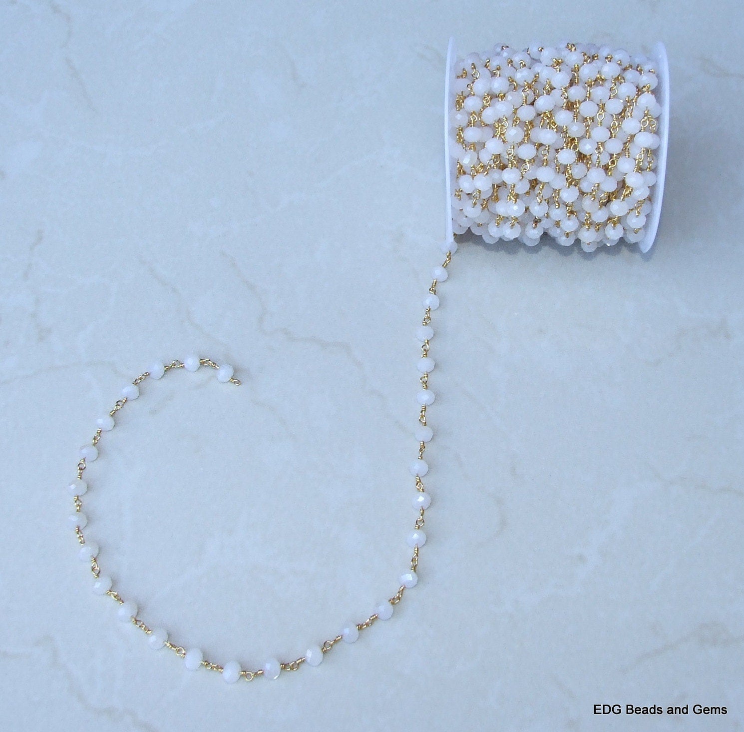 White Opalized Glass Rosary Chain, Bulk Chain, Rondelle Glass Beads, Beaded Chain, Body Chain, Gold Chain, Necklace Chain, Belly Chain - EDGBeadsandGems