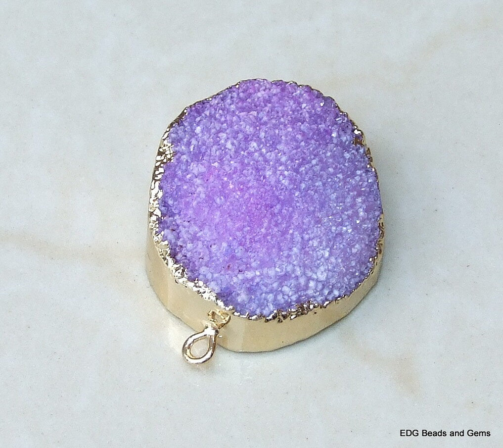 Purple - Druzy Connector - Quartz Agate - Druzy Connector. Purple Druzy Pendant. Gold Plated Edge and Loops - 27mm x 30mm - 4777 - EDGBeadsandGems