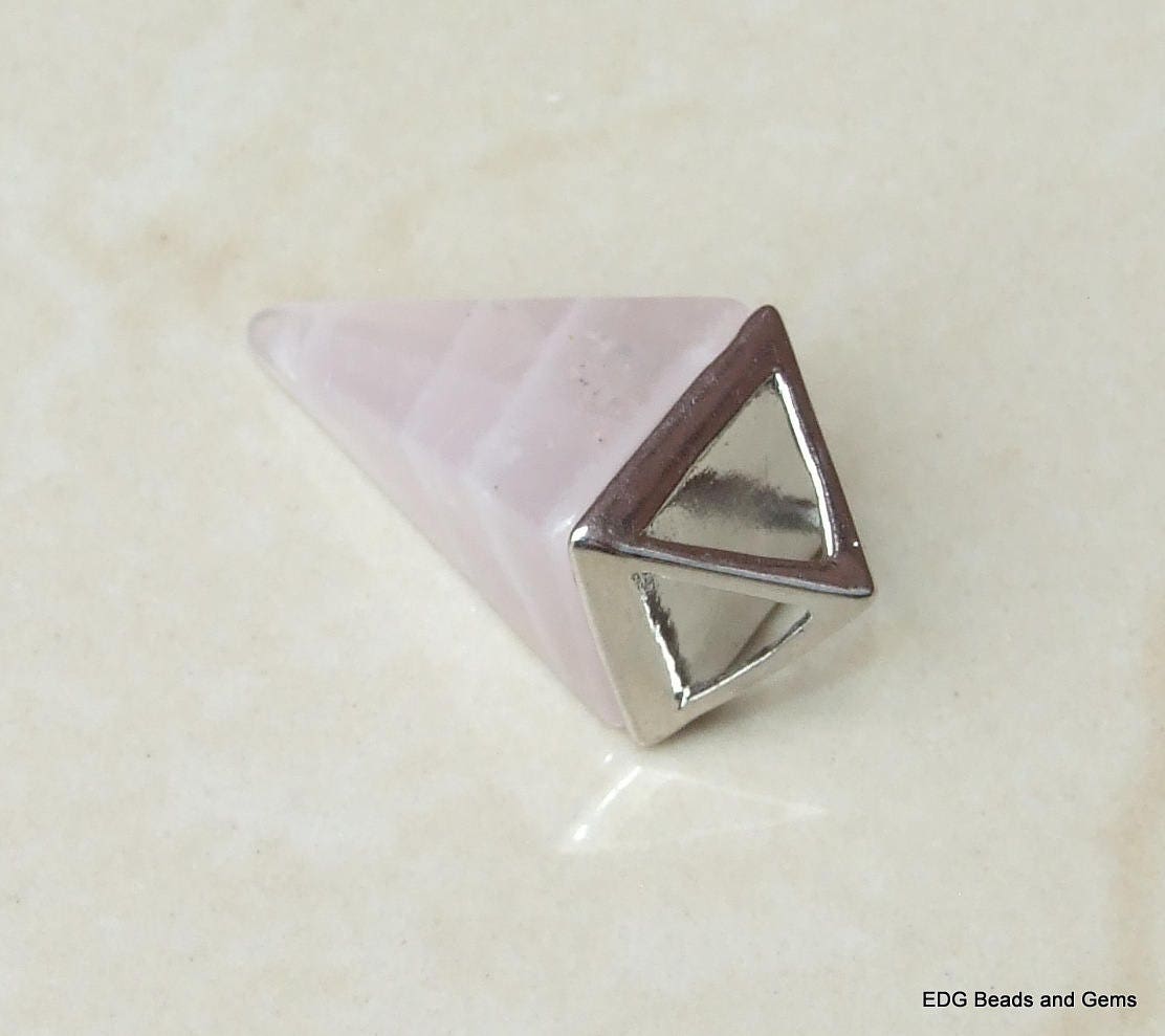 Rose Quartz Pyramid Pendant - Quartz Pendant - Quartz Point - Silver Pyramid Cap - 15mm x 34mm