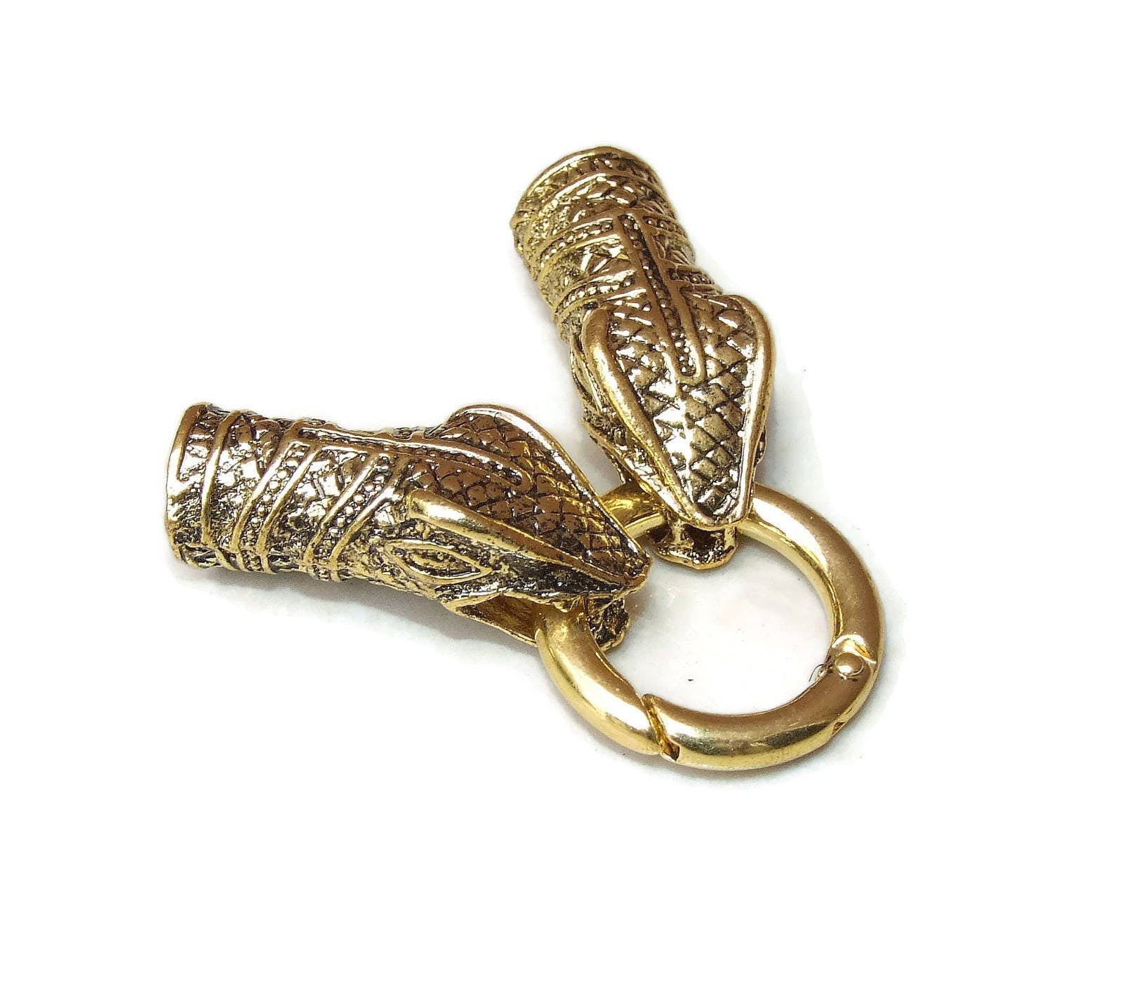 Snake Head Cord End Cap Clasp Lock Ring - Gold Tone - Dragon Head - Necklace Bracelet Clasp - Leather Cord End - Alloy - 11mm x 33mm