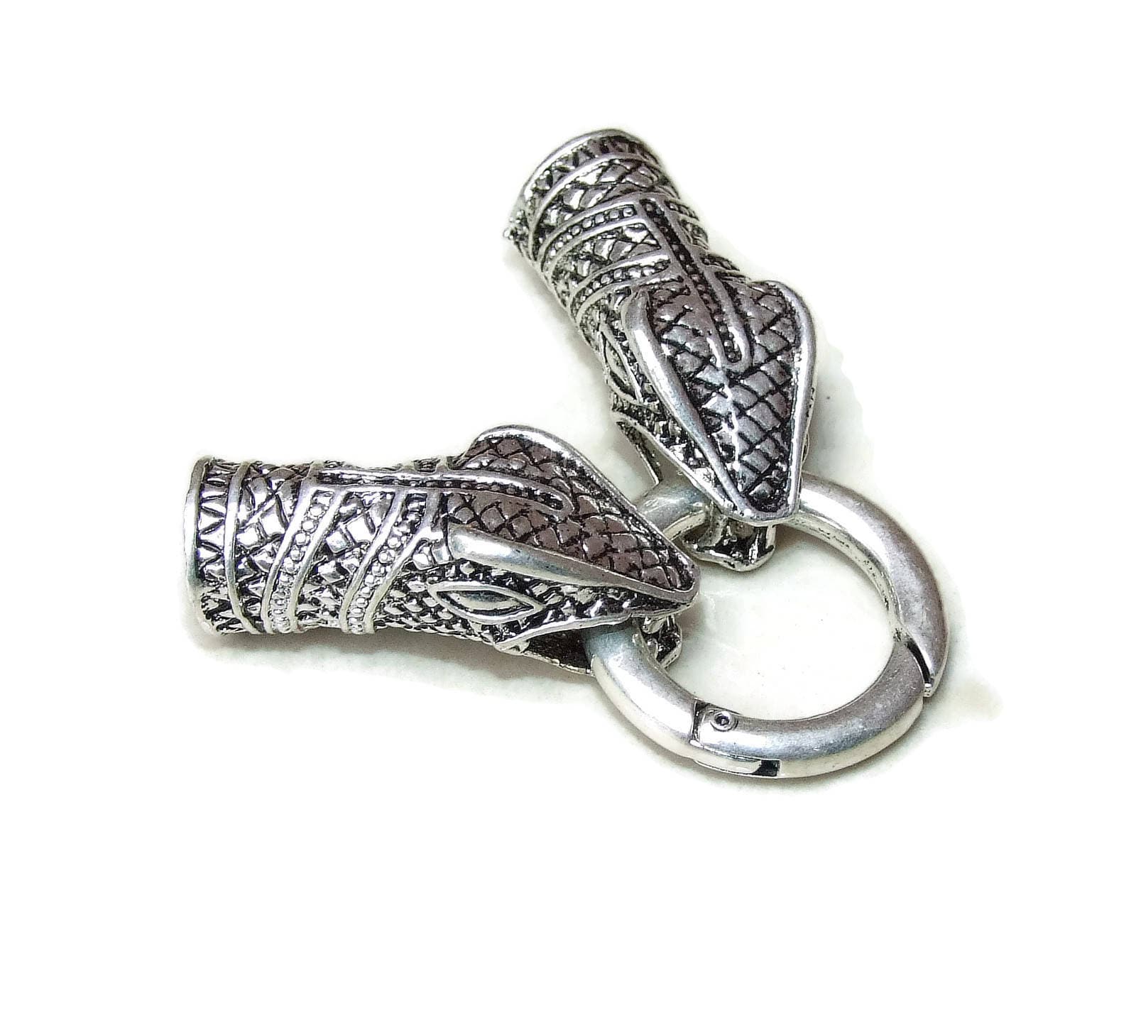 Snake Head Cord End Cap Clasp Lock Ring - Silver Tone - Dragon Head - Necklace Bracelet Clasp - Leather Cord End - Alloy - 11mm x 33mm