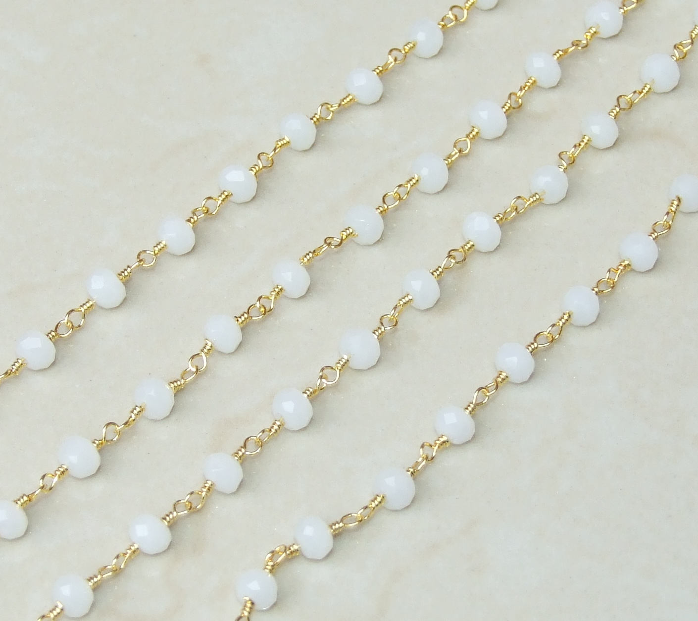 Small White Opalized Glass Rosary Chain, Bulk Chain, Rondelle Glass Beads, Beaded Chain, Body Chain, Gold Chain, Necklace Chain, Belly Chain