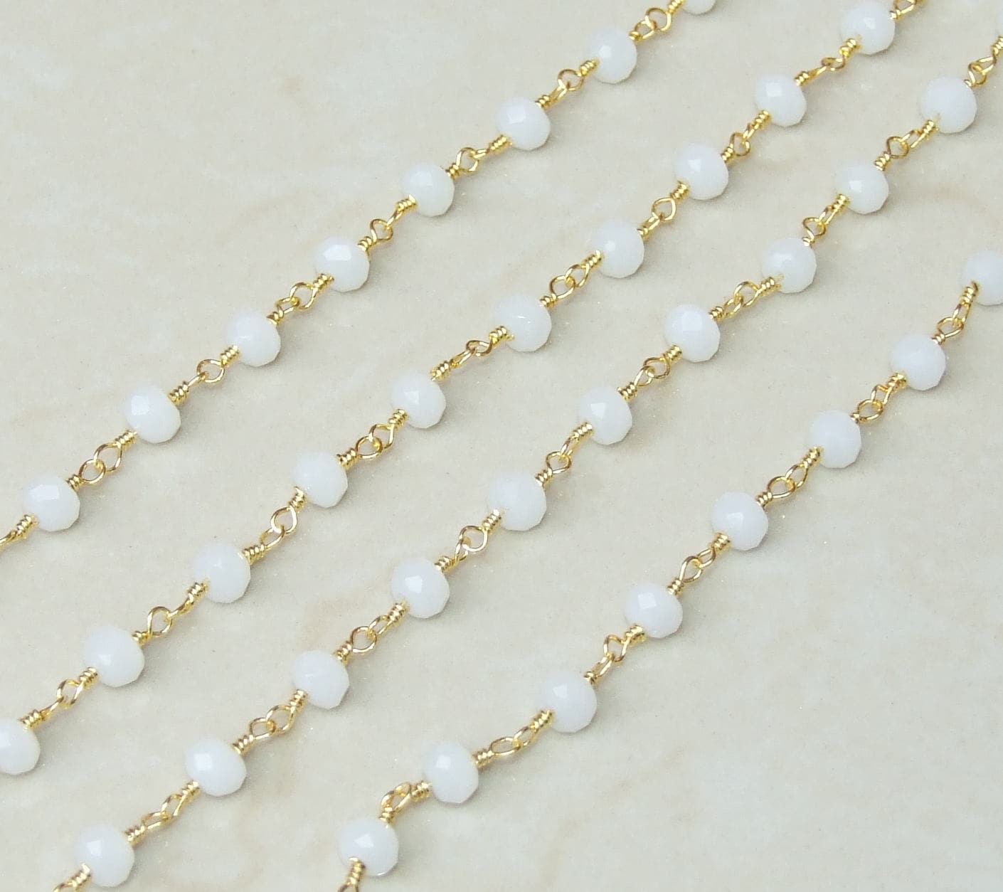 White Opalized  Glass Rosary Chain, Bulk Chain, Rondelle Glass Beads, Beaded Chain, Body Chain, Gold Chain, Necklace Chain, Belly Chain