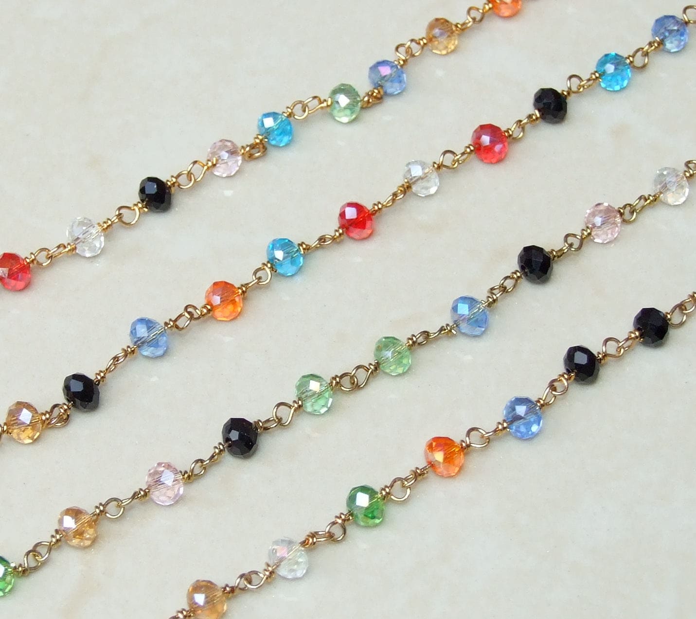 Multicolored Glass Rosary Chain, Bulk Chain, Rondelle Glass Beads, Beaded Chain, Body Chain Jewelry, Gold Chain, Necklace Chain, Belly Chain