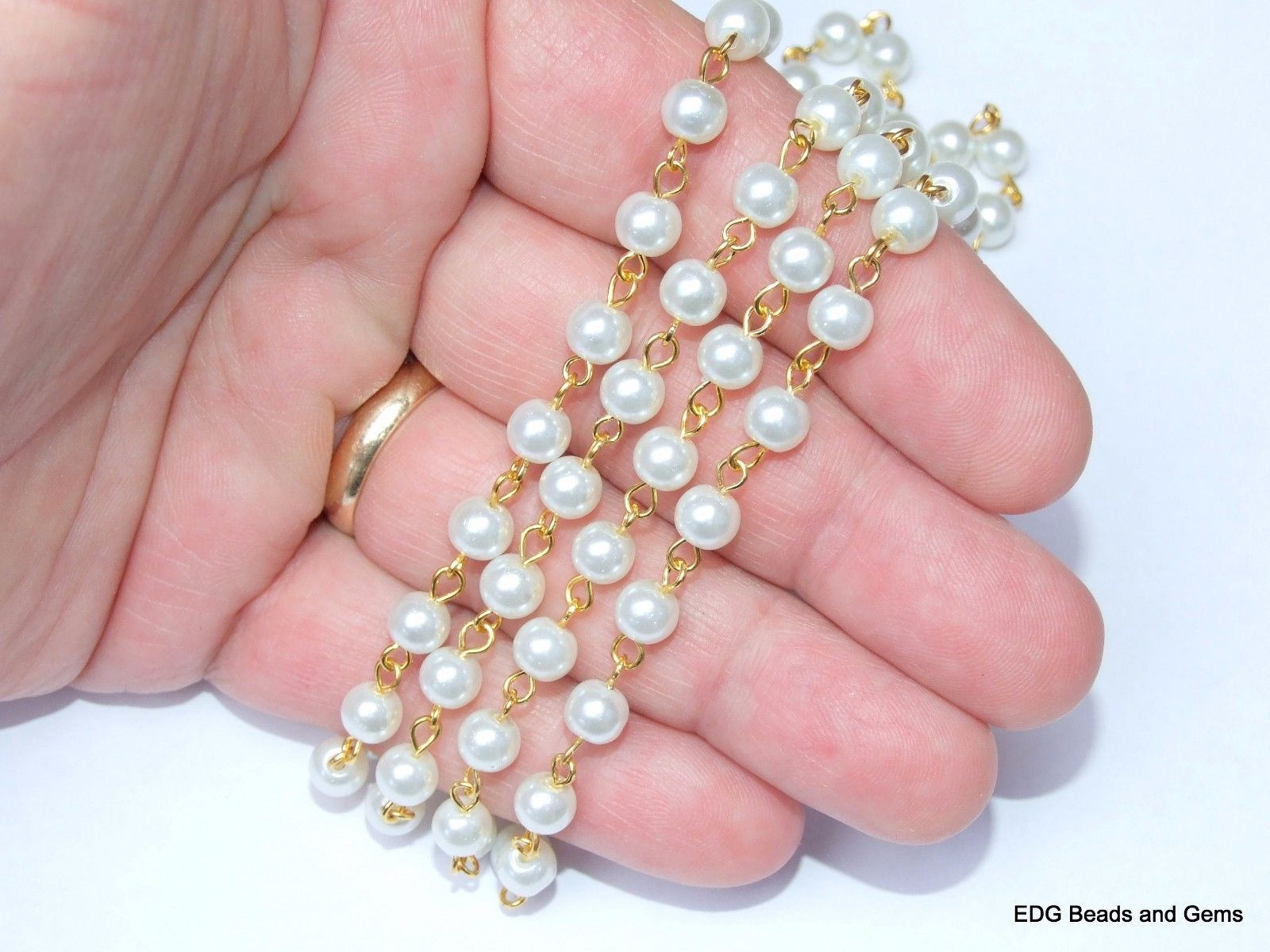 White Pearl Rosary Chain, 1 Meter, Bulk Chain, Round Glass Beads, Beaded Chain, Body Chain, Gold Chain, Necklace Chain, Belly Chain, 6mm, 02