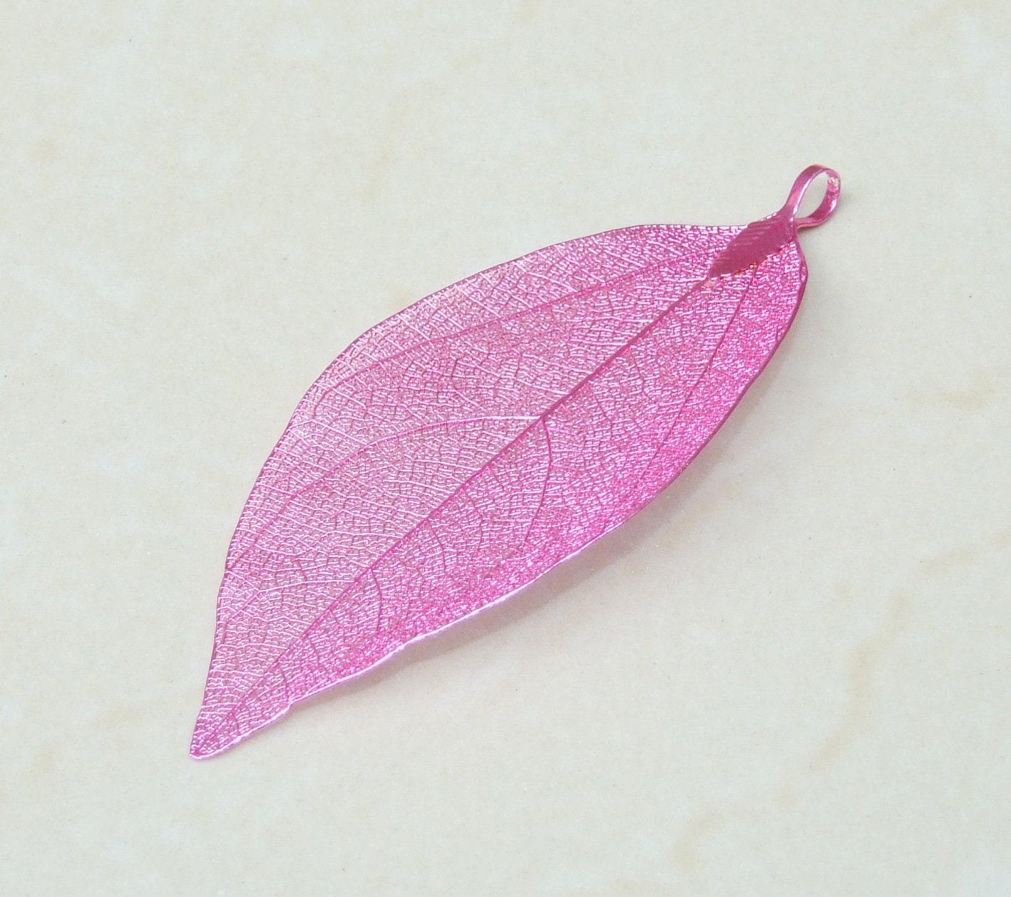 Liquid Metal Leaf Pendant - Large Leaf Pendant - Autumn Leaf - Pink - BOHO - Tribal - 35mm x 78mm - 2253
