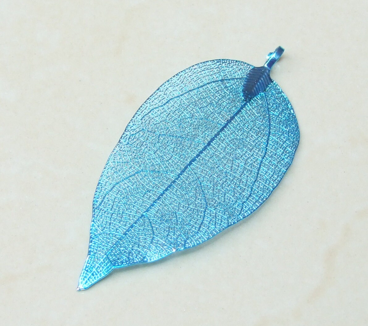 Liquid Metal Leaf Pendant - Large Leaf Pendant - Autumn Leaf - Blue - BOHO - Tribal - 32mm x 66mm - 2256