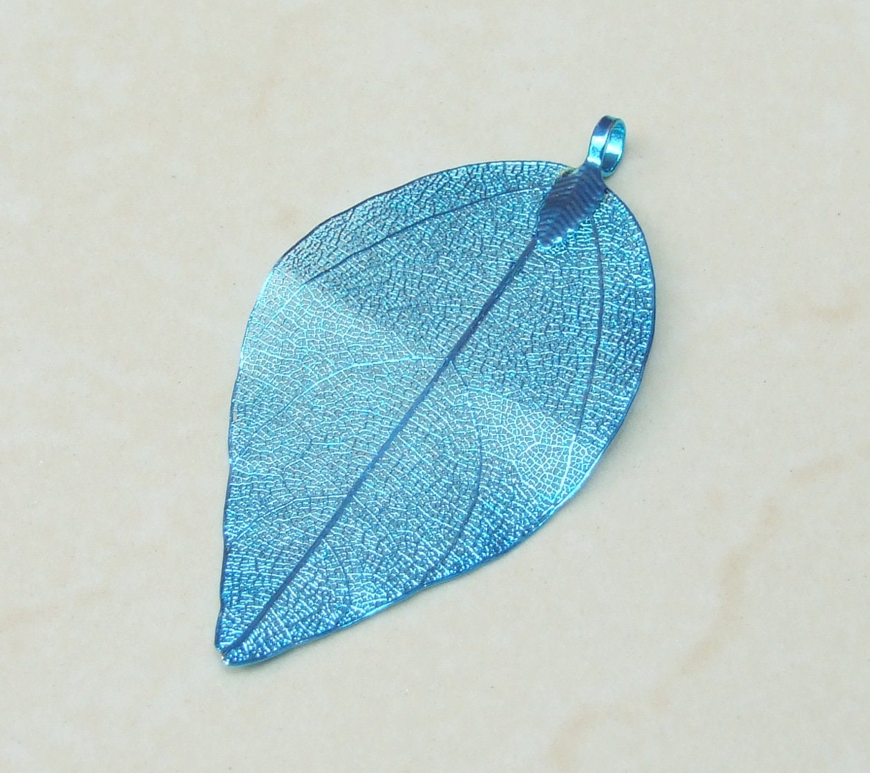 Liquid Metal Leaf Pendant - Large Leaf Pendant - Autumn Leaf - Blue - BOHO - Tribal - 35mm x 64mm - 2260