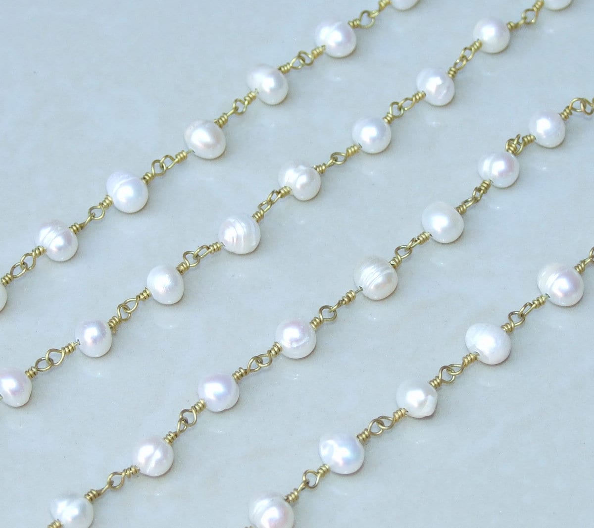 White Freshwater Pearl Rosary Chain - Wire Wrapped Chain,  Natural Freshwater Pearls - Potato Shaped Pearls - 6-7mm - Sold by the Foot