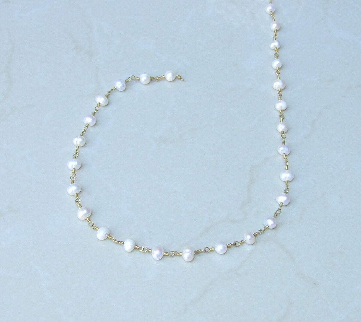 White Freshwater Pearl Rosary Chain - Wire Wrapped Chain,  Natural Freshwater Pearls - Potato Shaped Pearls - 6-7mm - Sold by the Foot