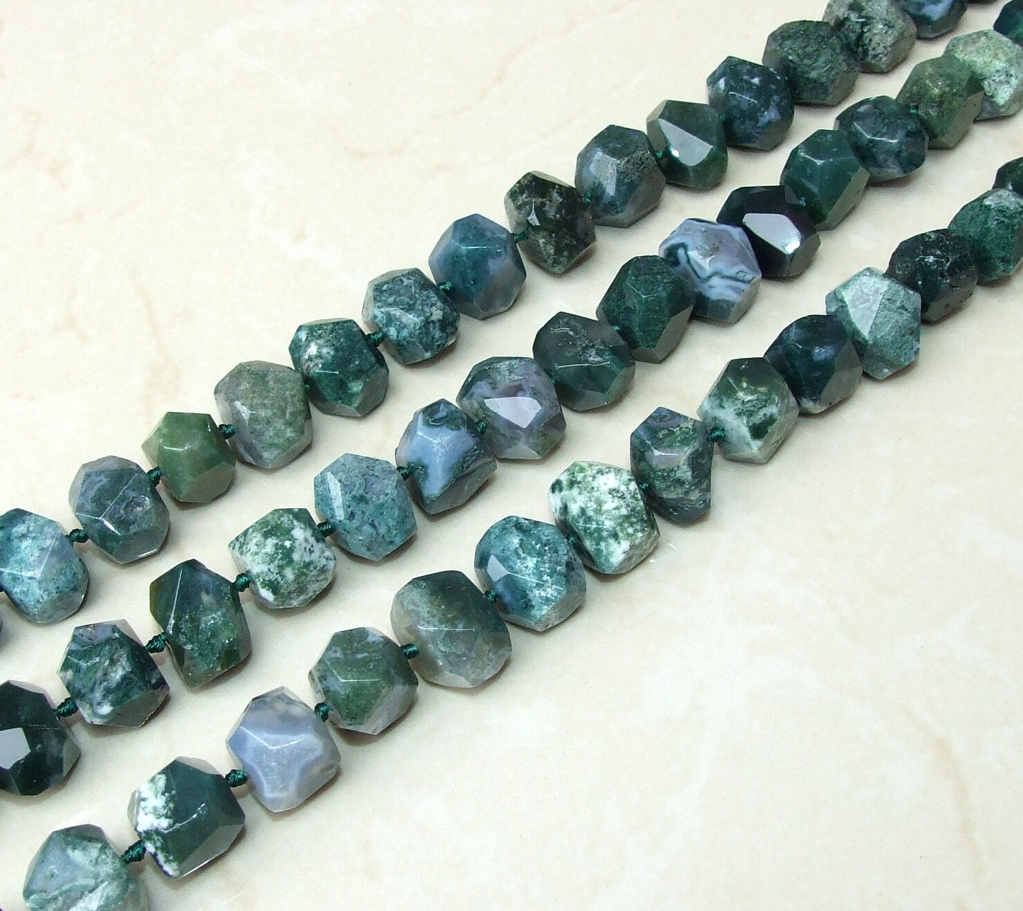 Moss Agate Faceted Nugget - Gemstone Beads - Polished Moss Agate Pendant - Moss Agate Bead - Half Strand, Cross Drilled - 15mm x 15mm x 20mm