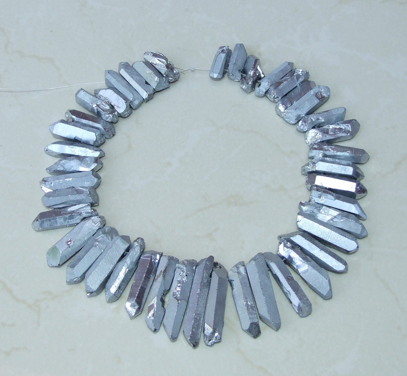 Thick Silver Titanium Quartz Cluster Point, Titanium Quartz Points Strand, Raw Quartz Points, Healing Quartz Crystal, Gemstone Beads, 9-11mm