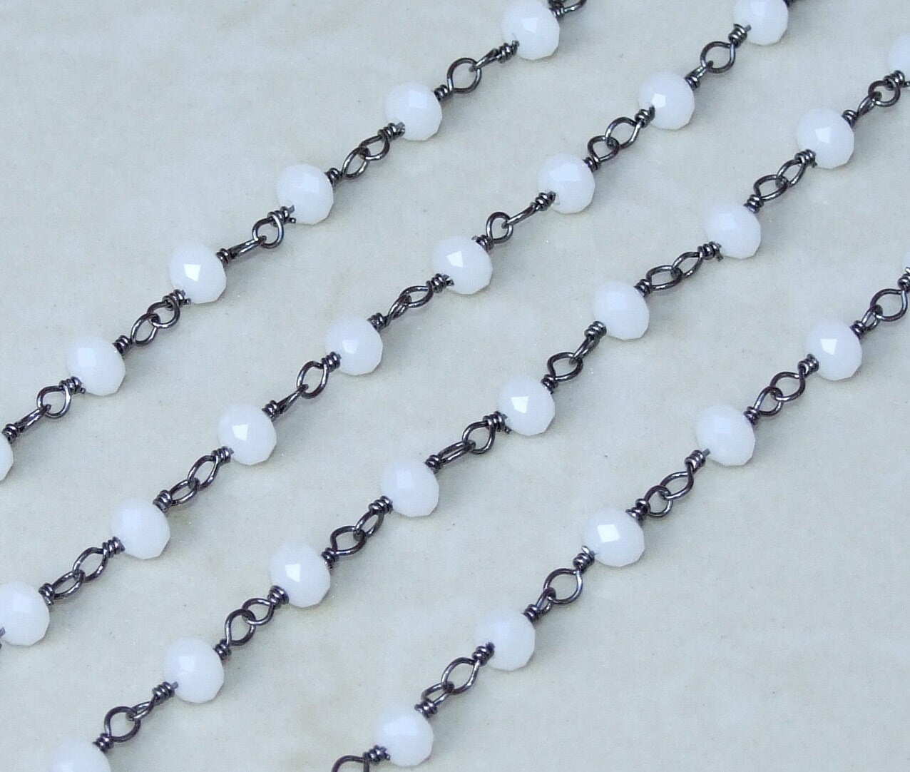 White Glass Rosary Chain, Bulk Chain, Rondelle Glass Beads, Beaded Chain, Body Chain Jewelry, Gunmetal Chain, Necklace Chain, Belly Chain 