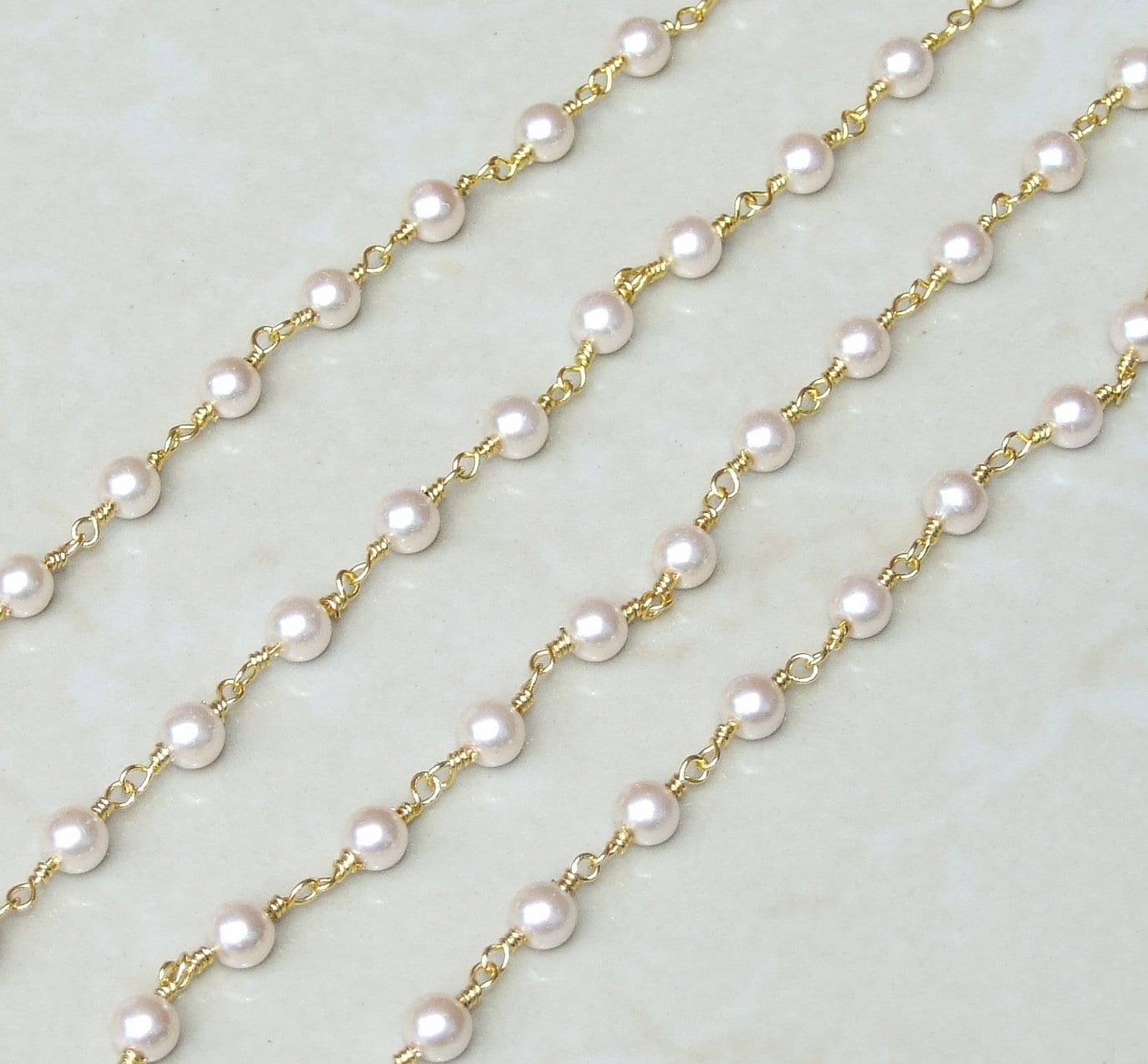 White Glass Pearl Rosary Chain, Bulk Chain, Rondelle Glass Beads, Beaded Chain, Body Chain Jewelry, Gold Chain, Necklace Chain, Belly Chain
