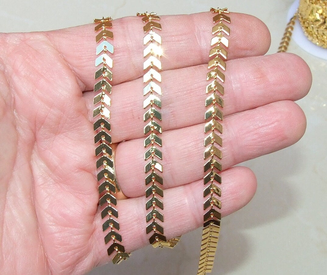 Gold Plated Fish Bone Chain, Chevron Chain, Necklace Chain, Bulk Chain, Jewelry Making, Body Chain, Belly Chain, Gold Chain,  6.2mm x 2.0mm