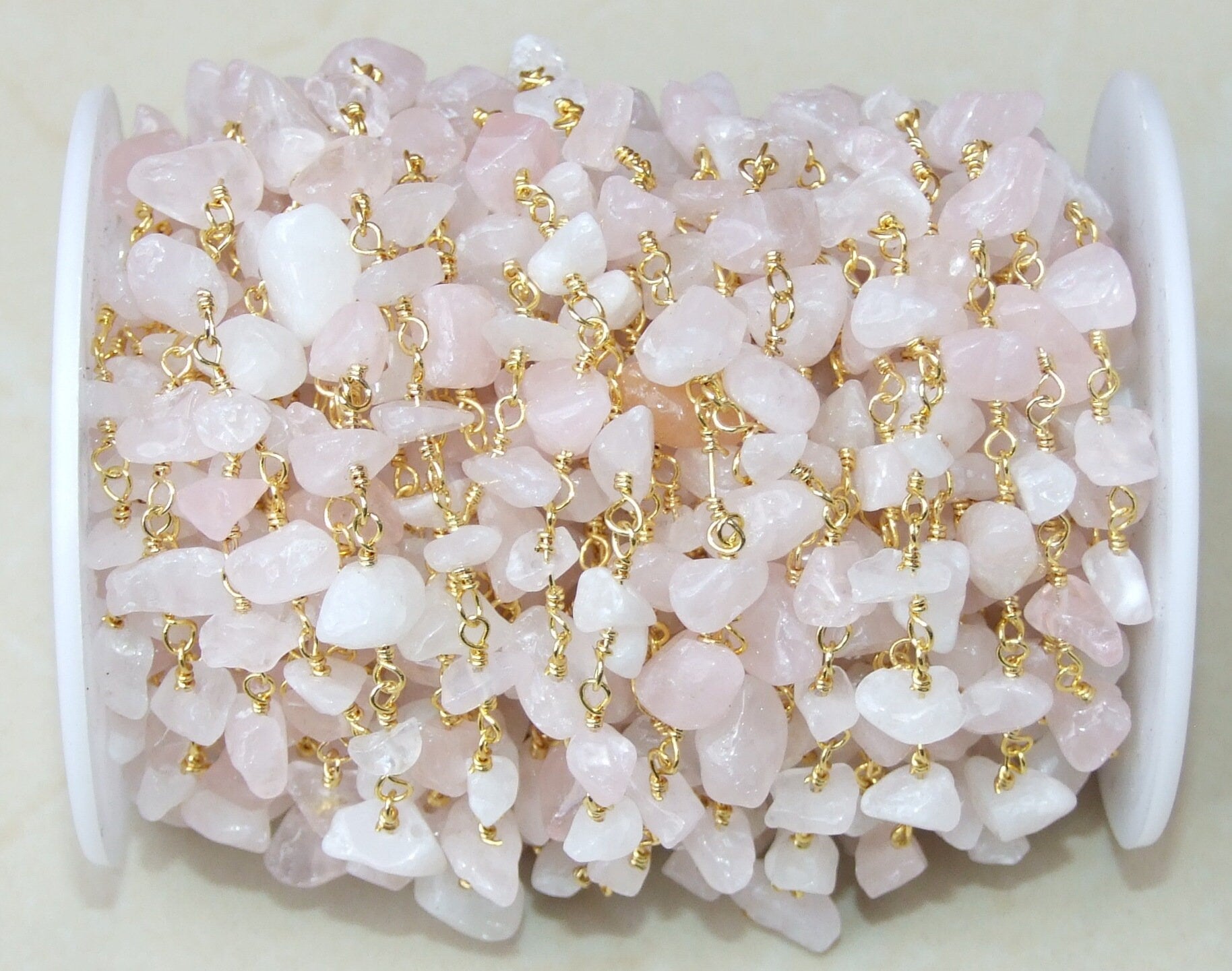 Rose Quartz Rosary Chain - Gold Plated Wire Wrapped Rosary Chain.  2mm x 4mm to 5mm x 13mm - Sold by the Foot