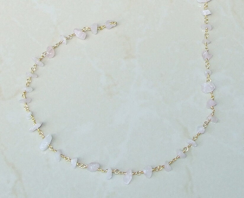 Rose Quartz Rosary Chain - Gold Plated Wire Wrapped Rosary Chain.  2mm x 4mm to 5mm x 13mm - Sold by the Foot
