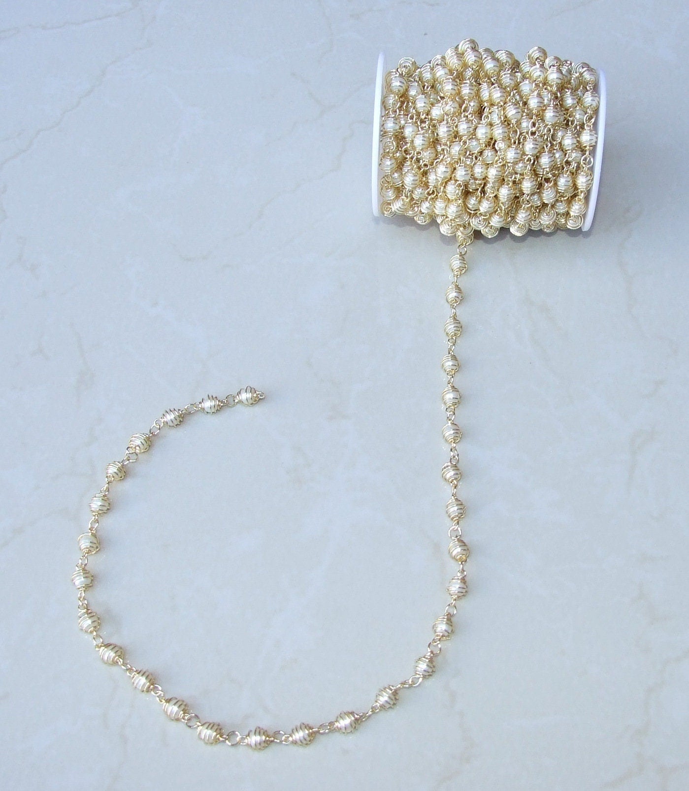 White Glass Pearl In A Cage Rosary Chain, Bulk Chain, Wire Wrapped Beaded Chain, Body Chain Jewelry, Gold Chain, Necklace Chain, Belly Chain