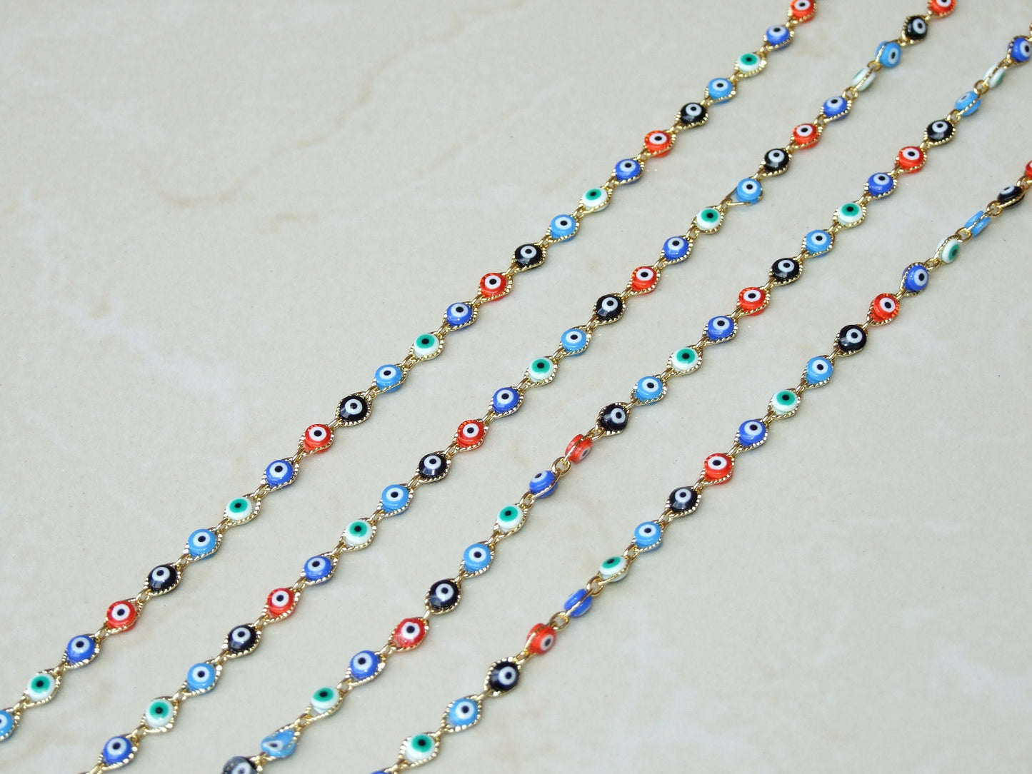 Multi-color Glass Evil Eye Rosary Chain, Bulk Chain, Marquee Bead, Beaded Chain, Body Chain Jewelry, Gold Chain, Necklace Chain, Belly Chain