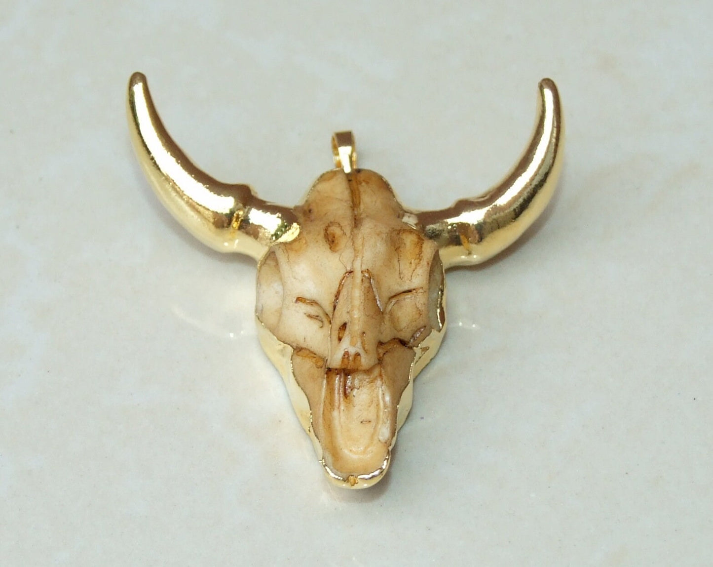 Gold Plated Longhorn Cattle Skull Pendant - Skull Pendant - Buffalo Skull Pendant - Cow Horn - Charm- Gold Plated - 45mm x 45mm