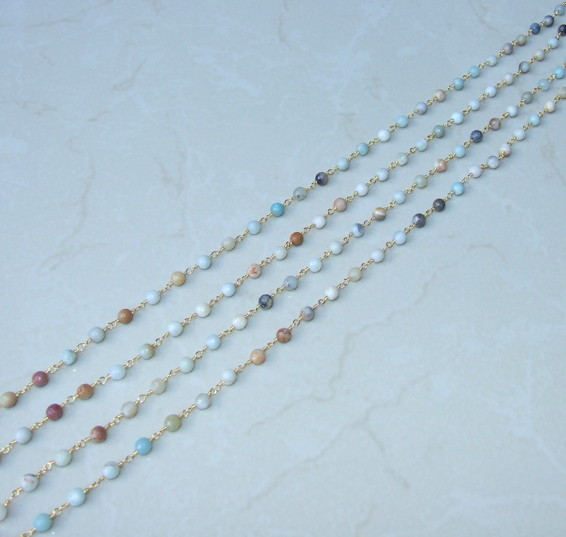 Amazonite Bead Rosary Chain, Gold Plated Brass Wire Wrapped Chain, Gemstone Amazonite Bead, Micro Faceted Finish, By the Foot, 8mm & 6mm