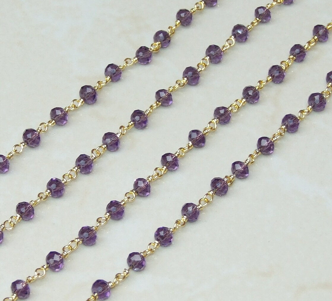 Amethyst Glass Rosary Chain by the Foot, Rosary Chain with Beads, Rosary Chain Wholesale, Rosary Chain Bulk, Jewelry Making, 5mm x 6mm