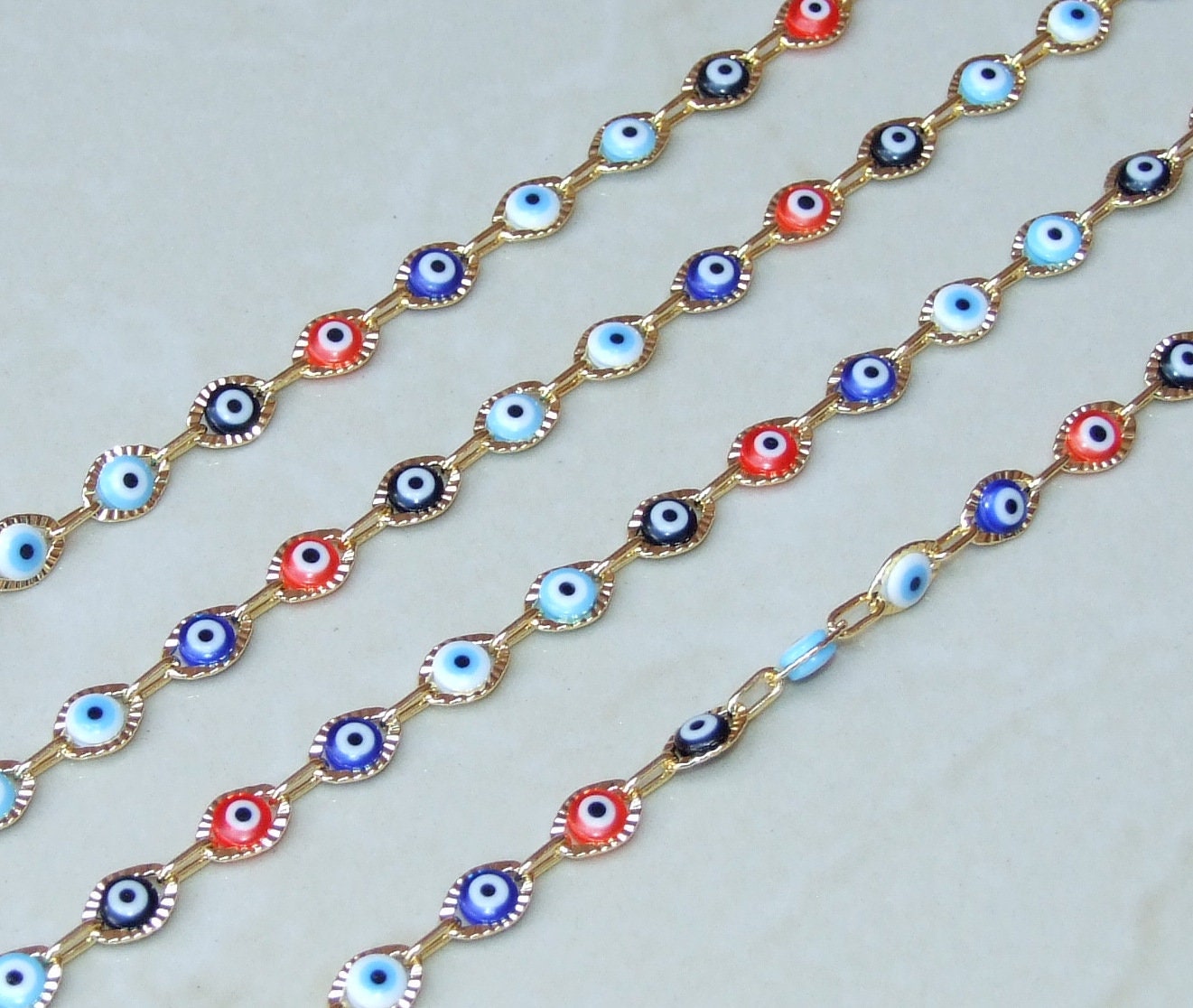 Multi-color Glass Evil Eye Rosary Chain, Bulk Chain, Marquee Bead, Beaded Chain, Body Chain Jewelry, Gold Chain, Necklace Chain, Belly Chain
