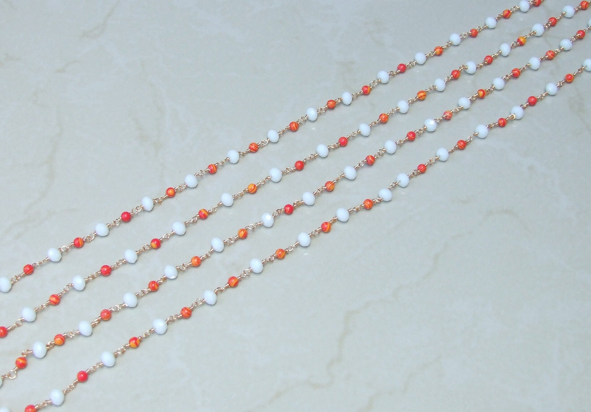 White Orange Glass Rosary Chain, Bulk Chain, Rondelle Glass Beads, Beaded Chain, Body Chain Jewelry, Gold Chain, Necklace Chain, Belly Chain