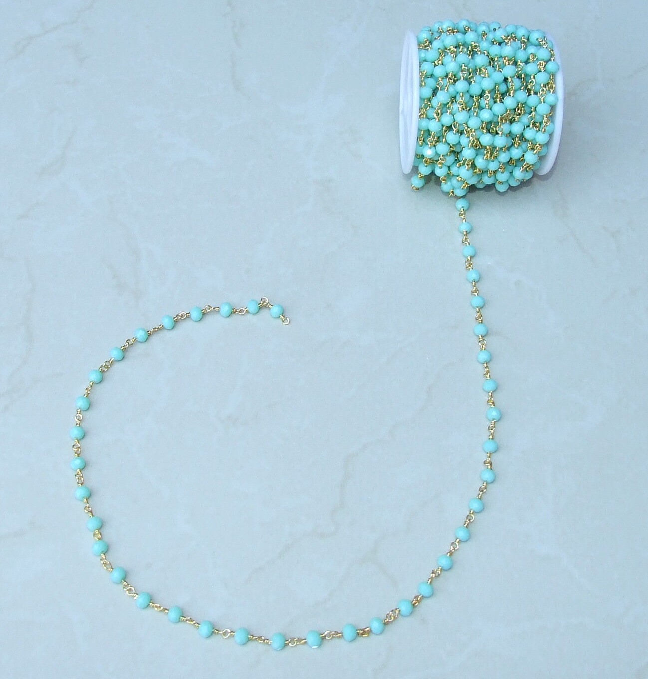 Light Green Glass Rosary Chain, Bulk Chain, Rondelle Glass Beads, Beaded Chain, Body Chain Jewelry, Gold Chain, Necklace Chain, Belly Chain