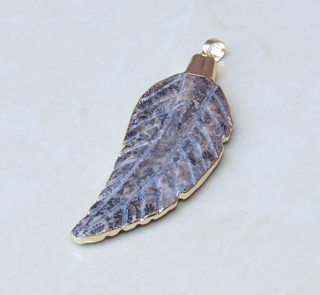Fossil Agate Pendant - Feather Pendant - Carved Fossil Agate Leaf Pendant - Gold Edge - BOHO - Tribal - 24mm x 62mm - 3848
