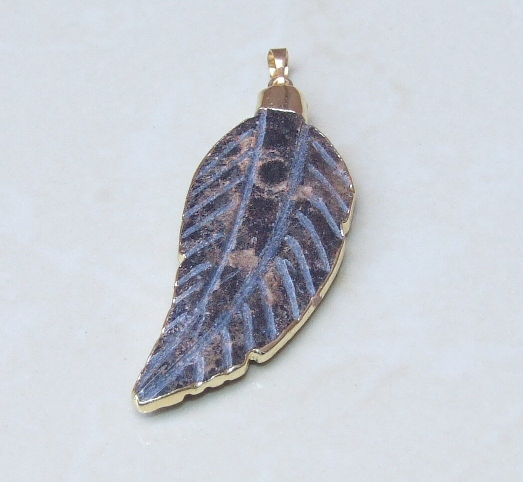 Fossil Agate Pendant - Feather Pendant - Carved Fossil Agate Leaf Pendant - Gold Edge - BOHO - Tribal - 24mm x 62mm - 3852