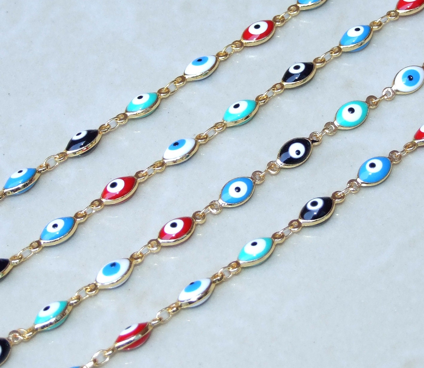 Multi-color Glass Horse Eye Shaped Evil Eye Rosary Chain, Bulk Chain, Beaded Chain, Body Chain, Gold Chain, Necklace Chain, Belly Chain