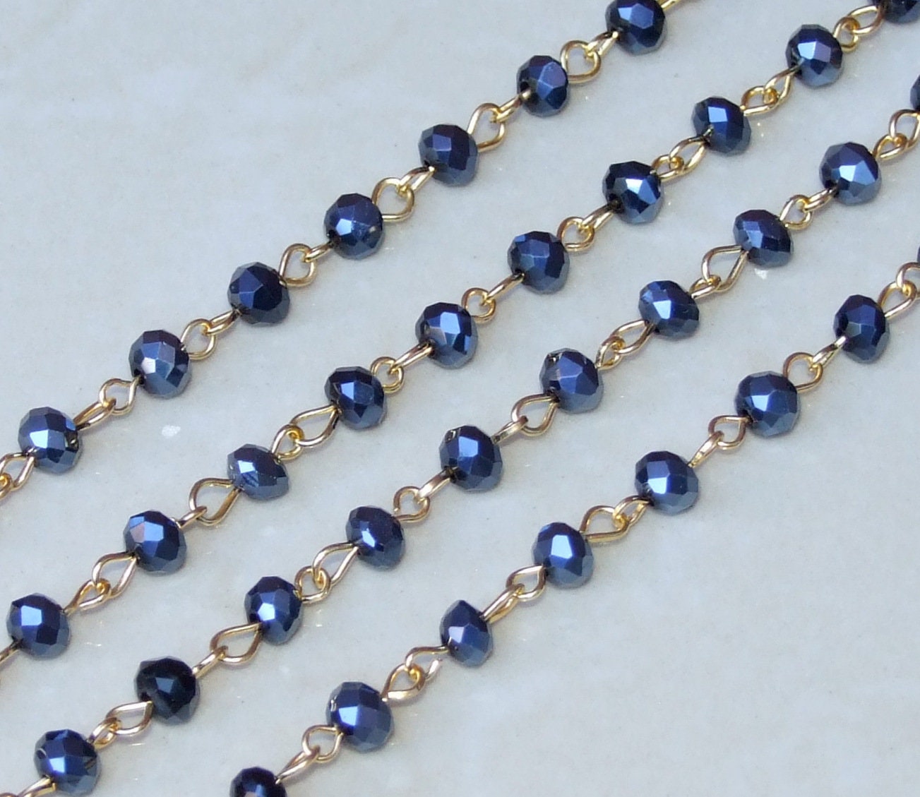 Indigo Blue Glass Rosary Chain, 1 Meter, Gold Chain, Bulk Chain, Glass Beads, Beaded Chain, Body Chain Jewelry, Necklace Chain, Belly Chain