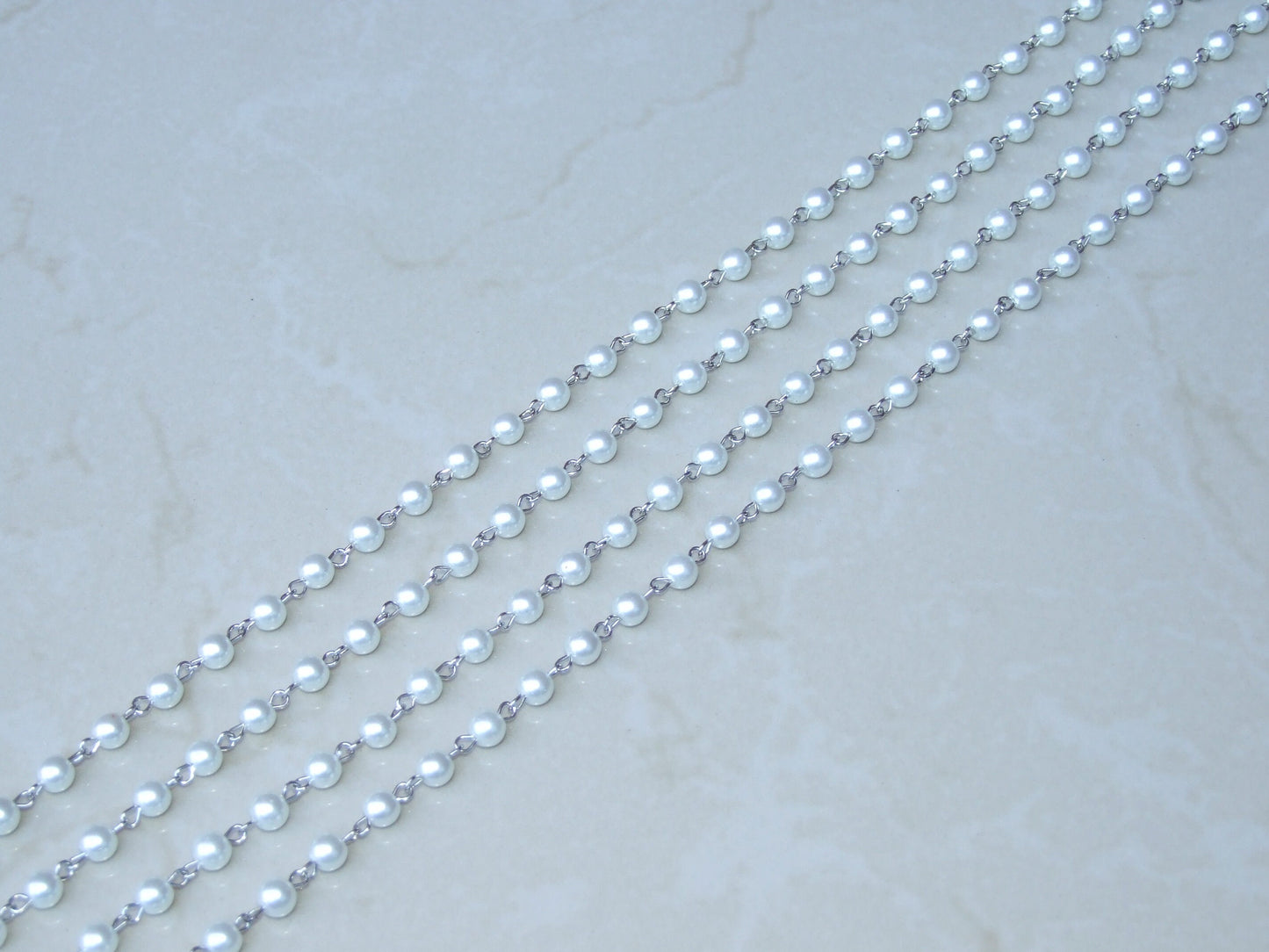 White Pearl Rosary Chain, Bulk Chain, 1 Meter, Glass Beads, Beaded Chain, Body Chain Jewelry, Silver Chain, Necklace Chain, Belly Chain, 6mm