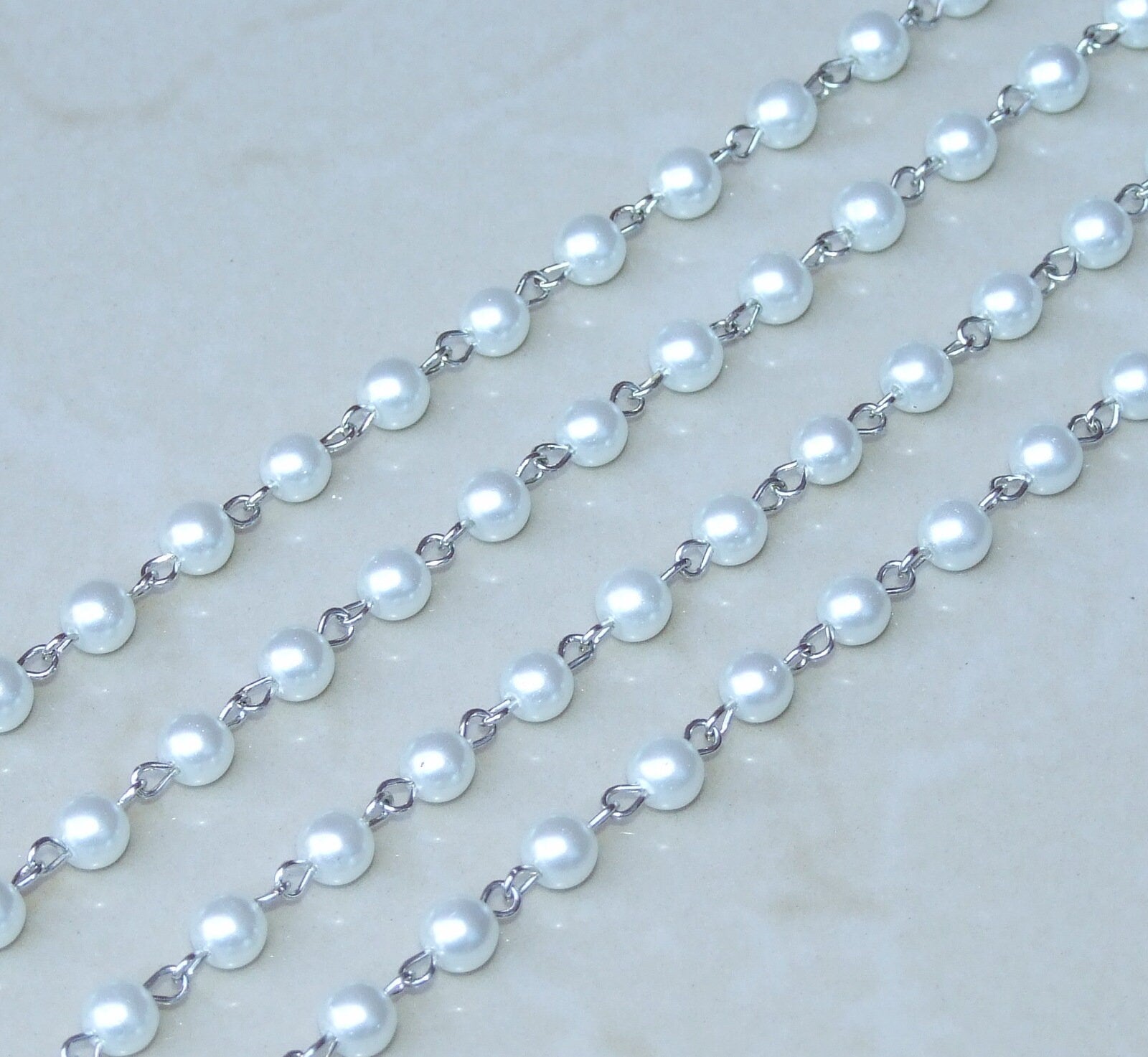 White Pearl Rosary Chain, Bulk Chain, 1 Meter, Glass Beads, Beaded Chain, Body Chain Jewelry, Silver Chain, Necklace Chain, Belly Chain, 6mm