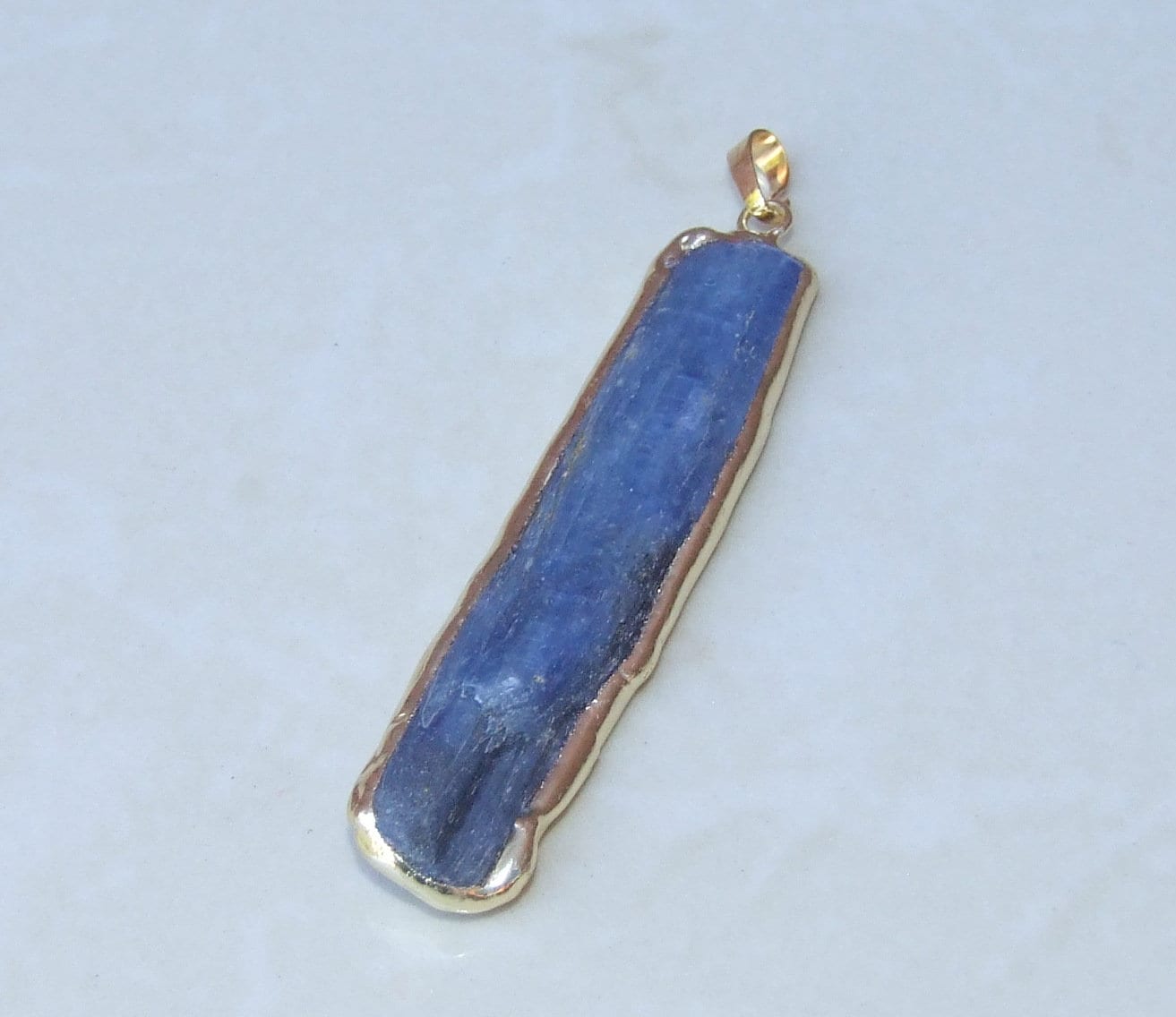 Large Blue Kyanite Pendant, Gemstone Pendant, Gold Edge, Raw Natural Kyanite, Kyanite Slice Pendant, Kyanite Beads, 15-20mm x 60-70mm
