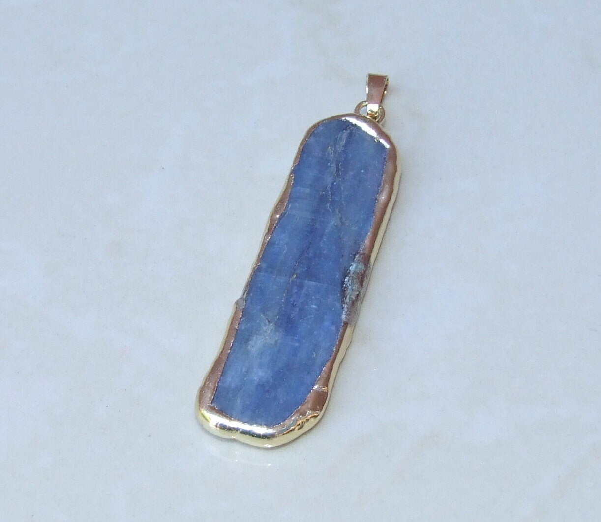 Large Blue Kyanite Pendant, Gemstone Pendant, Gold Edge, Raw Natural Kyanite, Kyanite Slice Pendant, Kyanite Beads, 15-20mm x 60-70mm