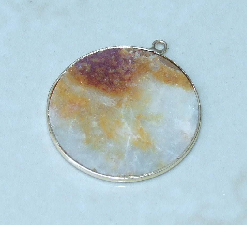 Crazy Lace Agate Pendant, Gemstone Pendant, Mexican Agate, Thin Agate Slice, Polished Agate, Round, Gold Bezel,  30mm - 6631