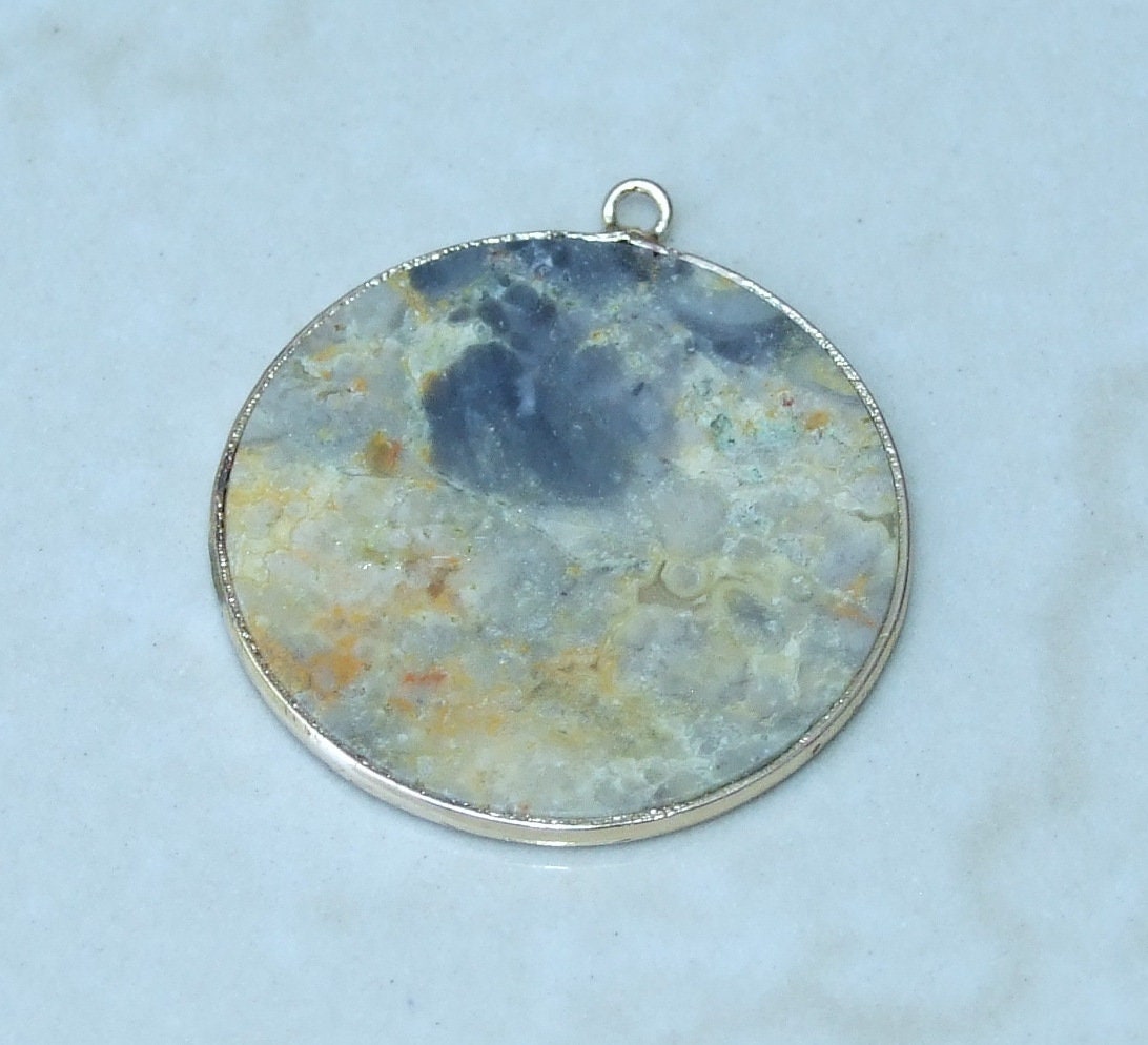 Crazy Lace Agate Pendant, Gemstone Pendant, Mexican Agate, Thin Agate Slice, Polished Agate, Round, Gold Bezel,  30mm - 6627
