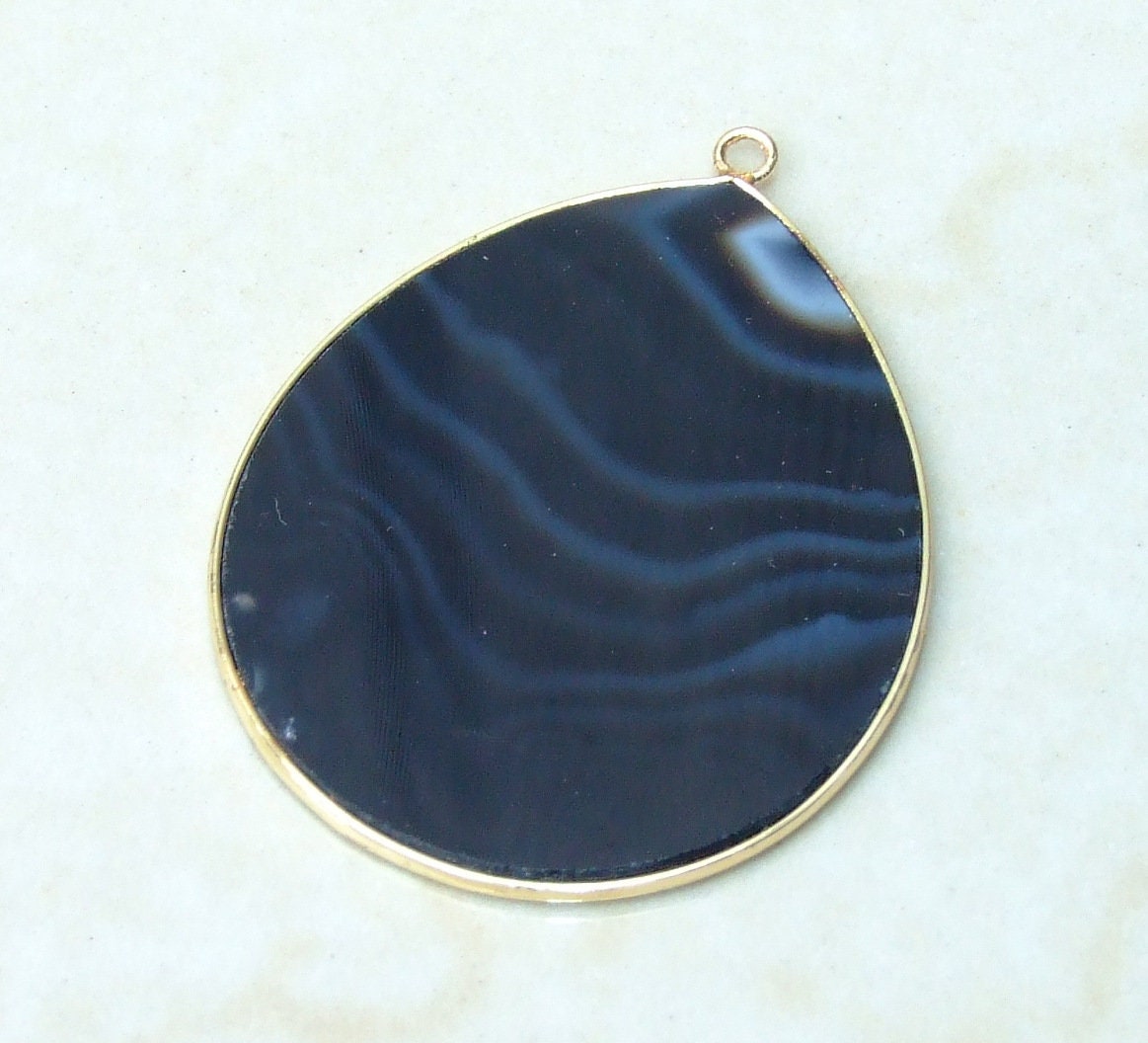 Black Striped Agate Pendant, Gemstone Pendant, Banded Agate, Thin Agate Slice Pendant, Polished Agate, Teardrop, Gold Bezel,  32mm x 38mm