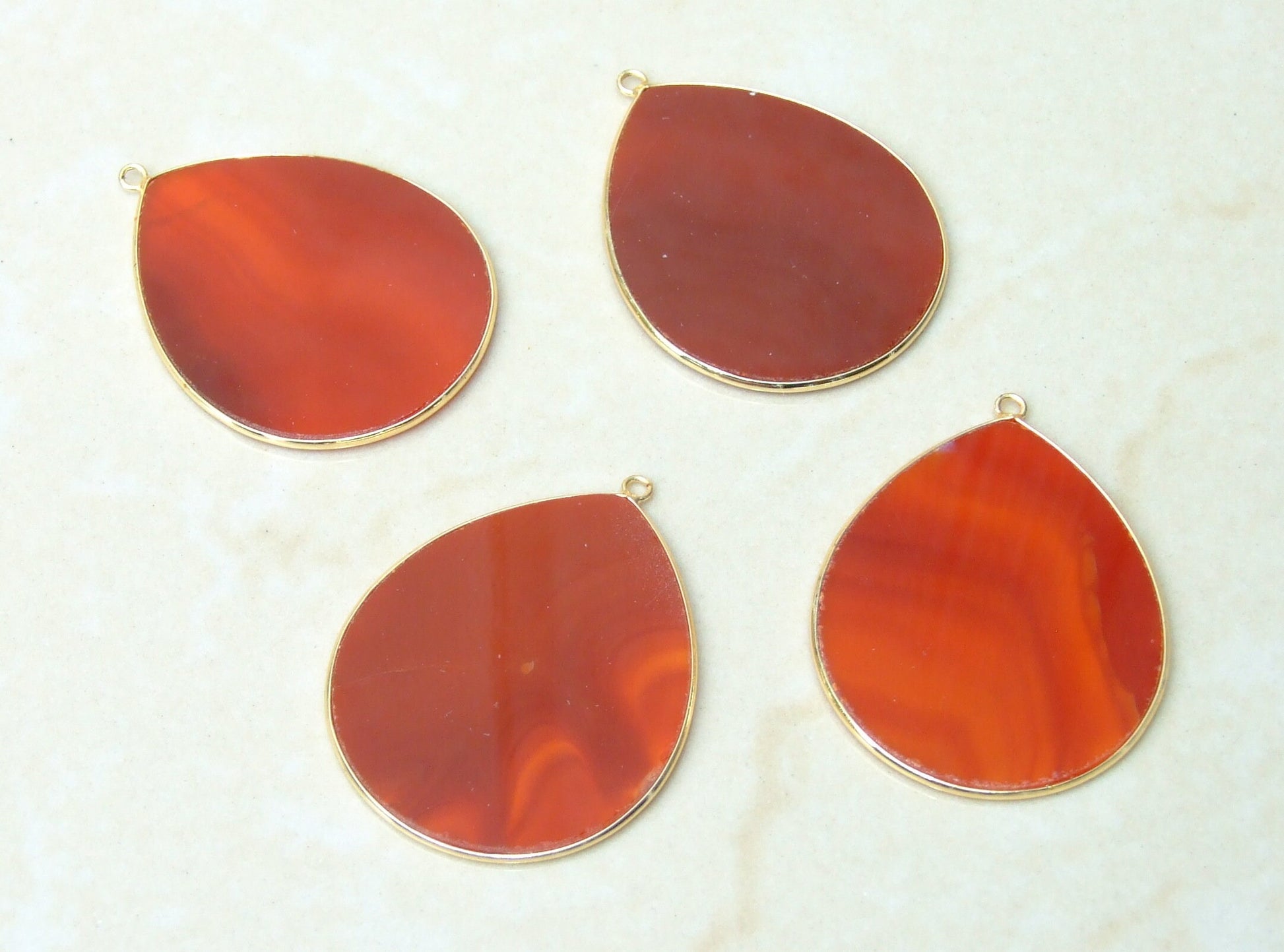 Carnelian Pendant, Gemstone Pendant, Slice Pendant, Gold Plated Bezel and Bail, Teardrop Pendant, Thin and Polished - 32mm x 38mm