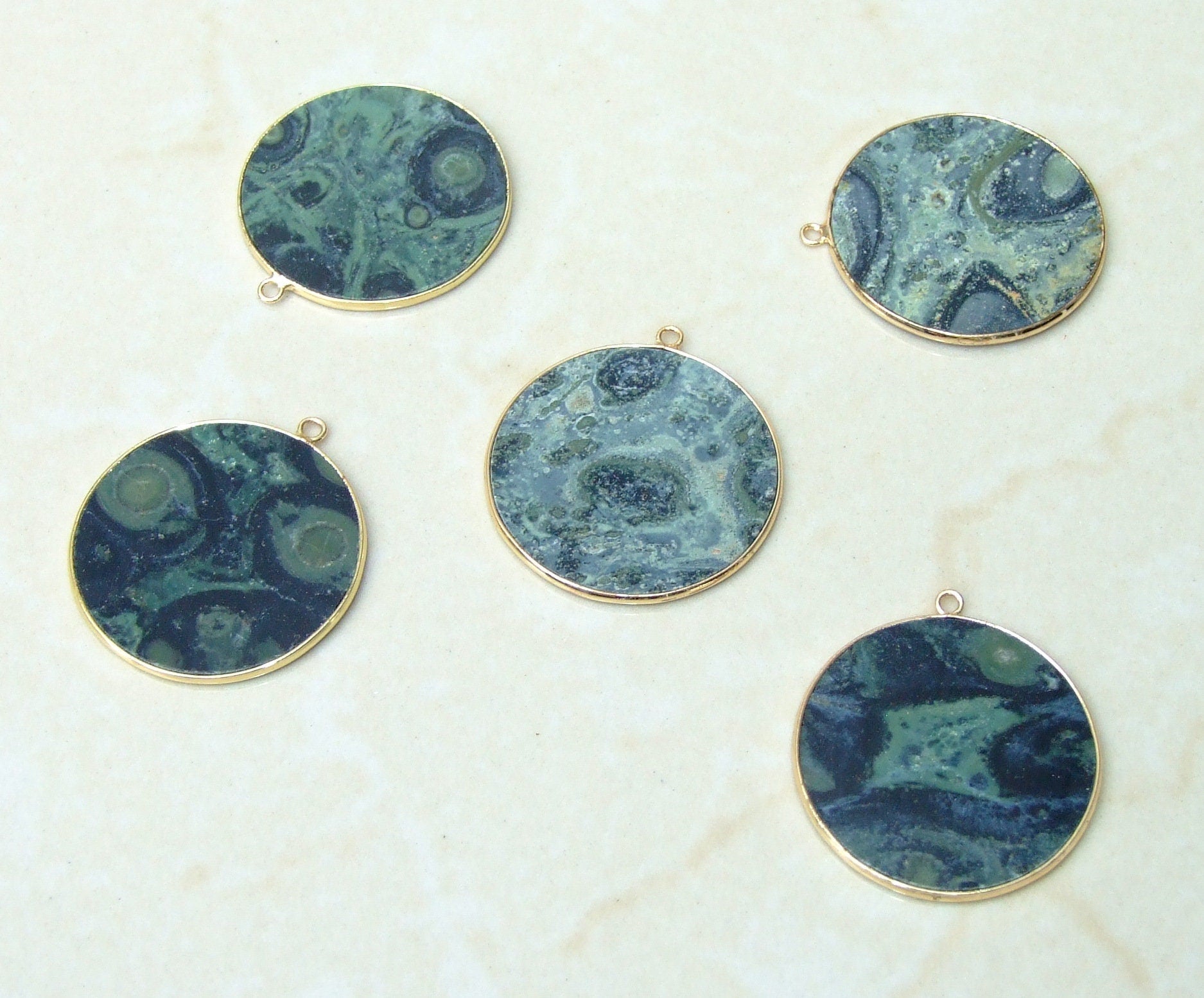 Kambaba Jasper Fossilized Algae Pendant, Gemstone Pendant, Slice, Thin, Polished, Round, Gemstone Beads, Jasper Jewelry, Gold Bezel - 30mm