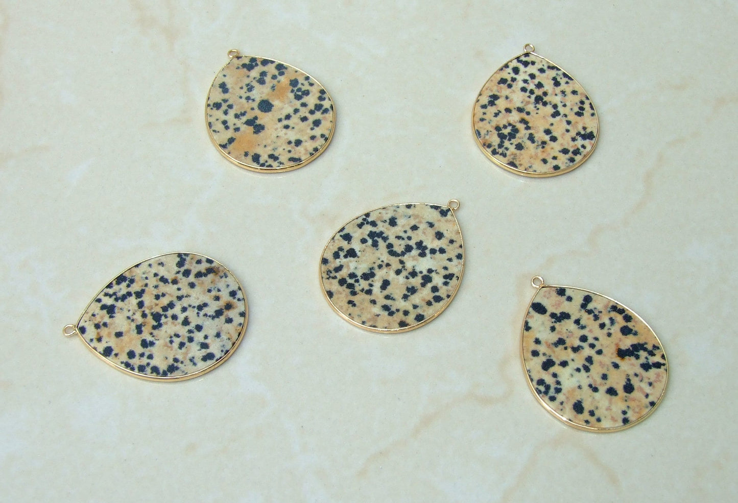 Dalmatian Jasper Pendant, Gemstone Pendant, Slice Pendant, Gold Plated Bezel and Bail, Tear Drop Pendant, Thin and Polished - 32mm x 38mm