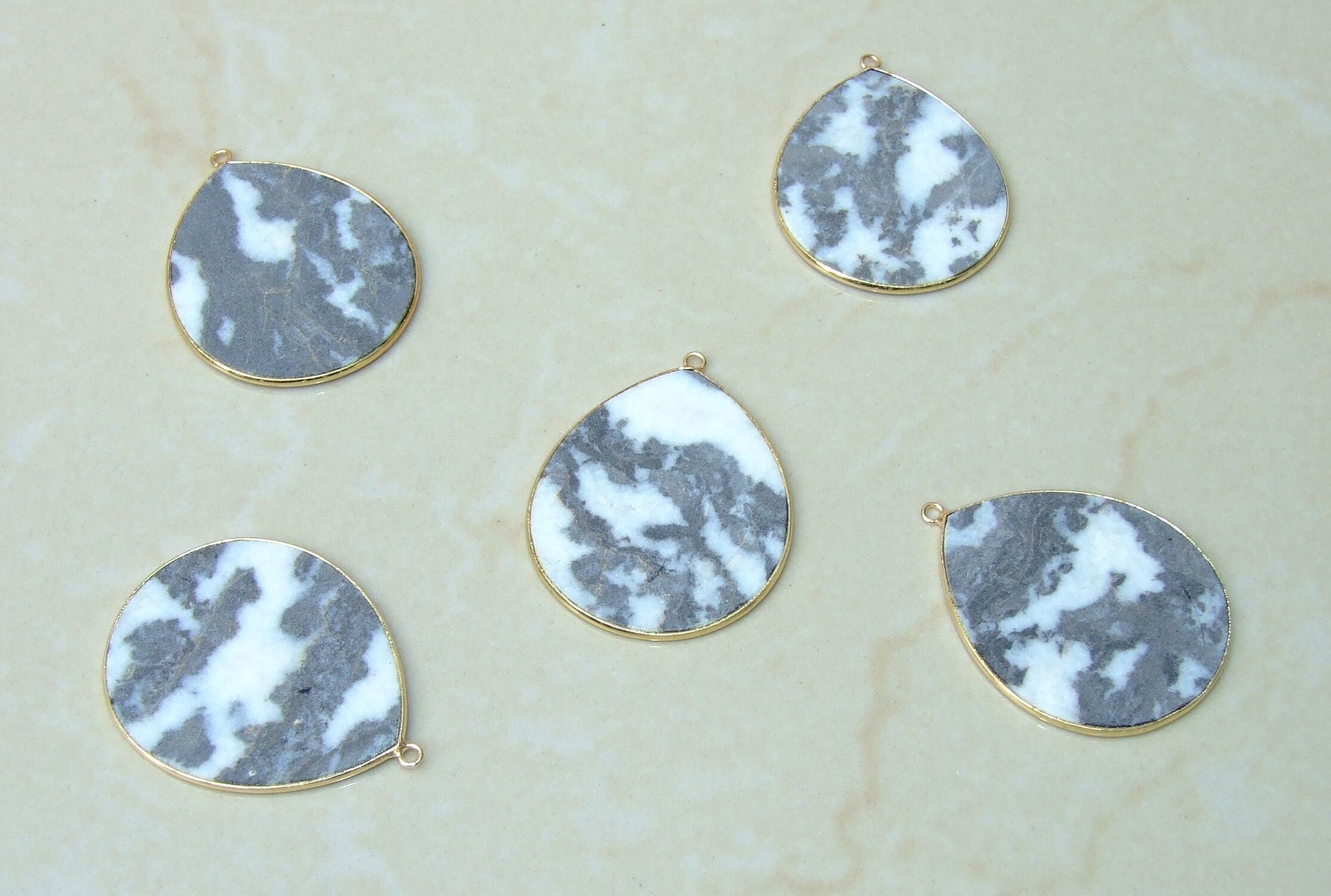Zebra Jasper Pendant, Gemstone Pendant, Slice Pendant, Gold Plated Bezel and Bail, Tear Drop Pendant, Thin, Polished - 32mm x 38mm