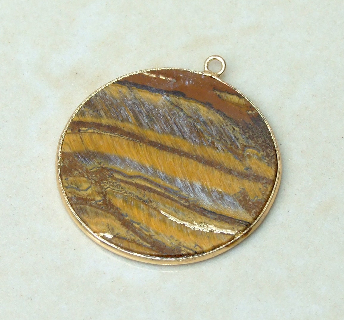 Tiger Eye Pendant, Gemstone Pendant, Thin Slice Pendant, Highly Polished, Round, Gold Bezel, Jewelry Necklace Pendant, 30mm