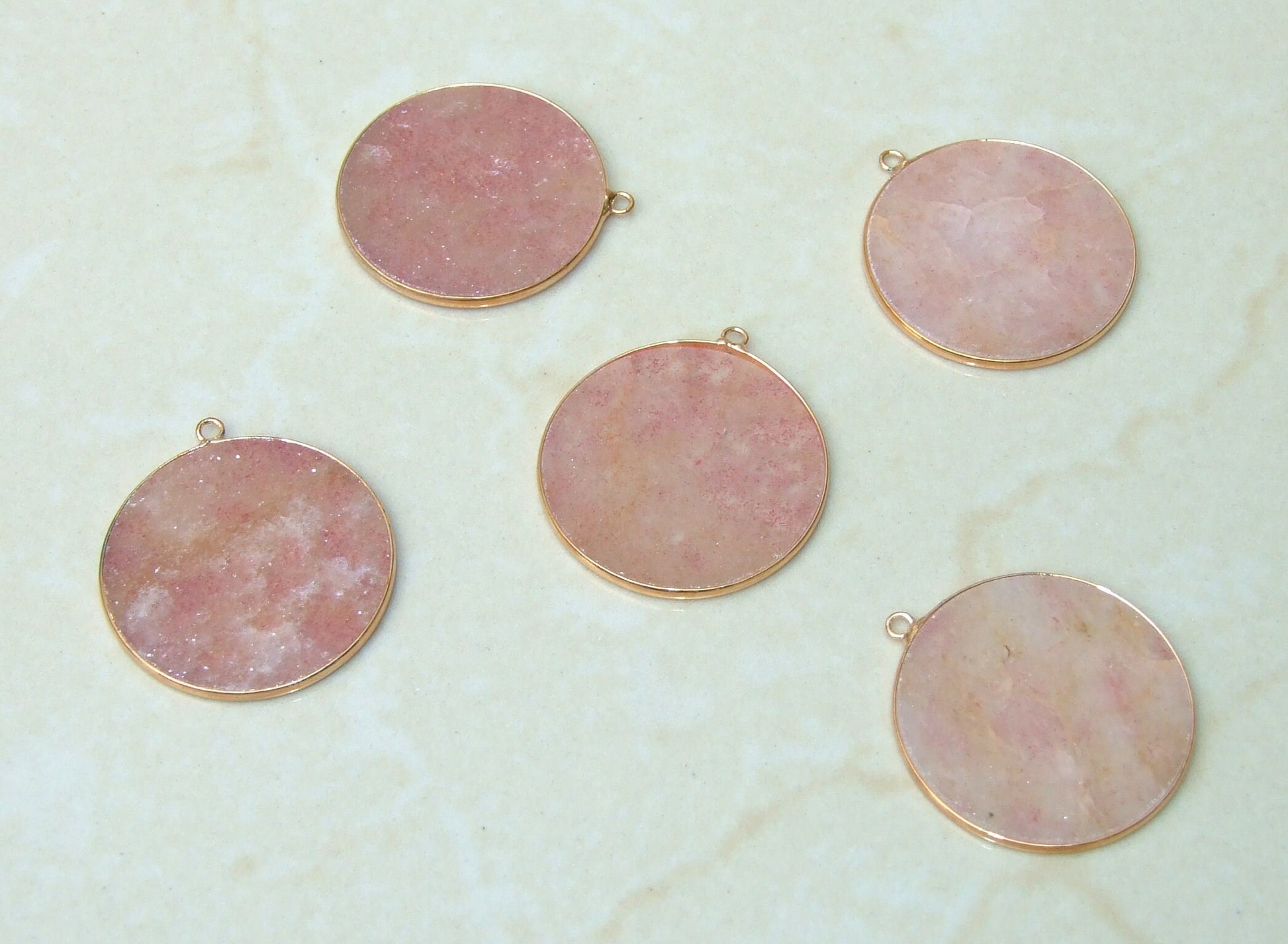 Strawberry Quartz Pendant, Gemstone Pendant, Thin, Slice Pendant, Polished, Round, Gold Bezel, Jewelry Stones, Necklace Pendant, 30mm