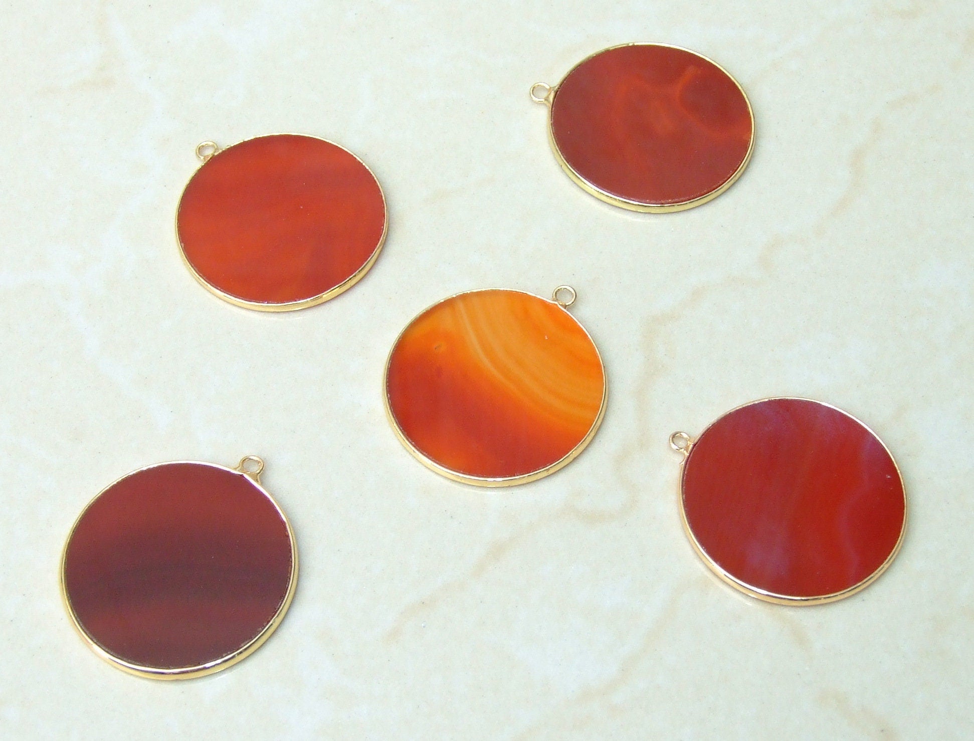 Carnelian Pendant, Gemstone Pendant, Thin, Slice Pendant, Polished, Round, Gold Bezel, Jewelry Stones, Necklace Pendant, 30mm