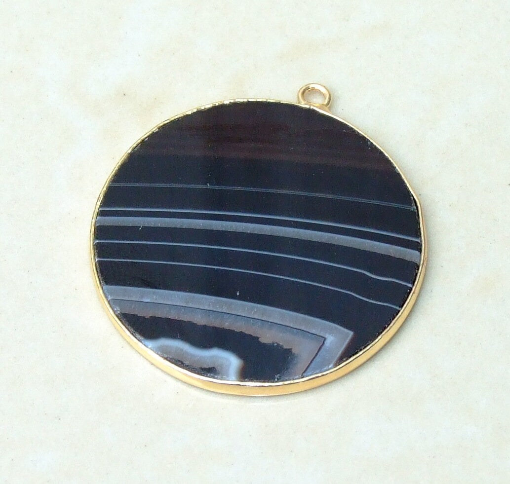 Jet Black Striped Agate Pendant, Gemstone Pendant, Thin, Slice Pendant, Polished, Round, Gold Bezel, Jewelry Stones, Necklace Pendant, 30mm