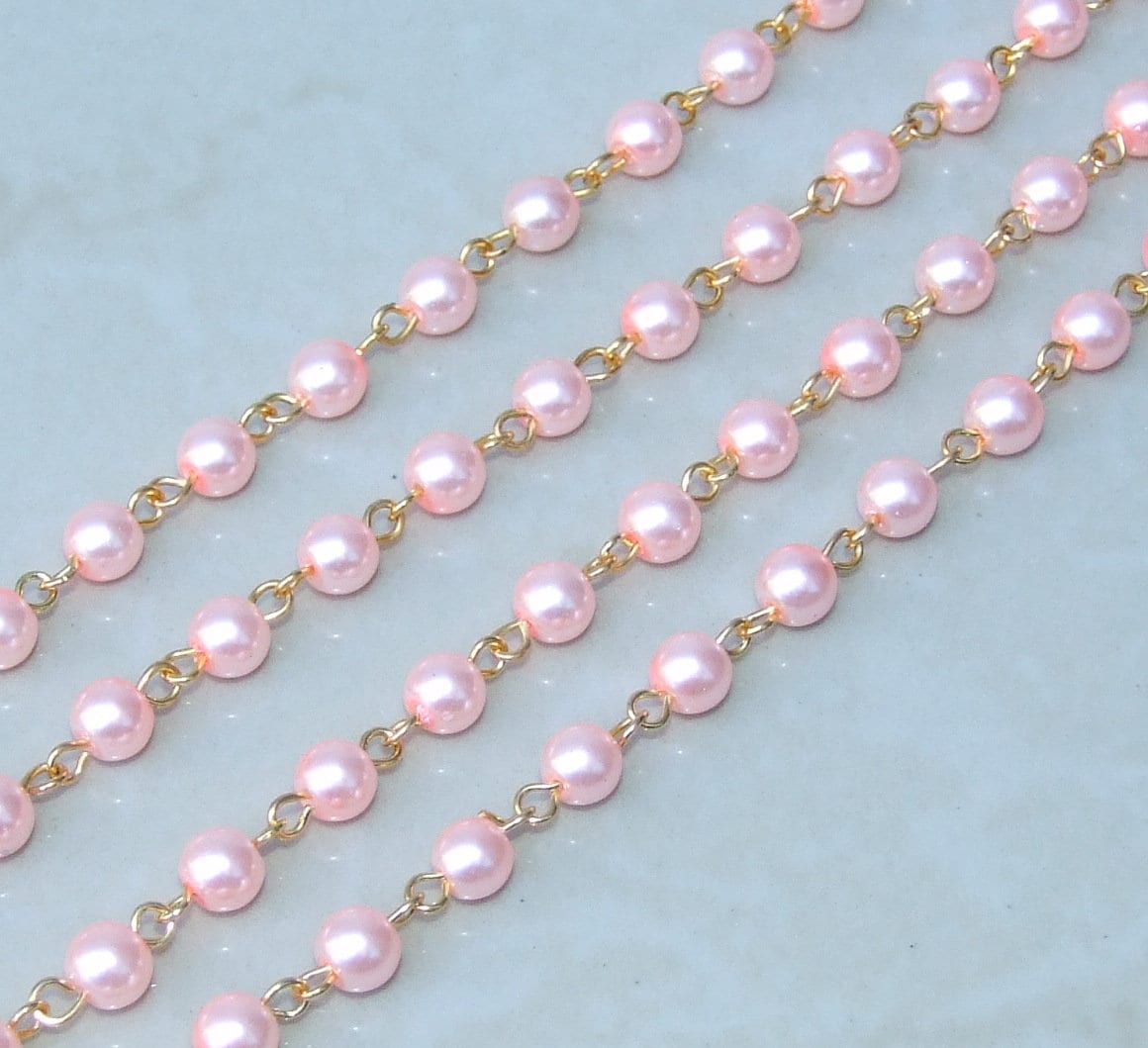 Pink Pearl Rosary Chain, 1 Meter, Bulk Chain, Round Glass Beads, Beaded Chain, Body Chain, Gold Chain, Necklace Chain, Belly Chain, 6mm, 604